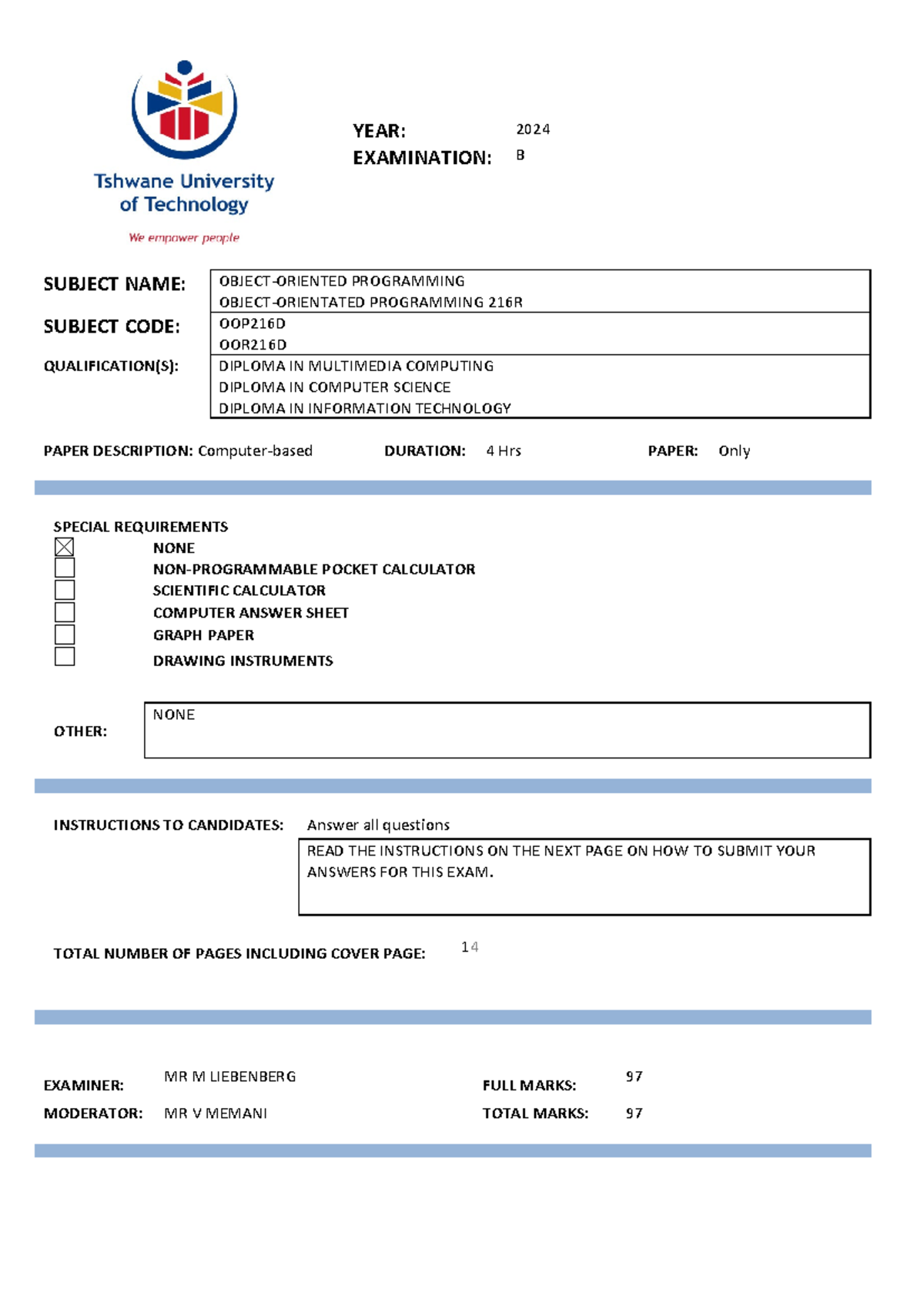 OOP216D OOR216D Final Exam Paper B - Programming 2024 - Studocu