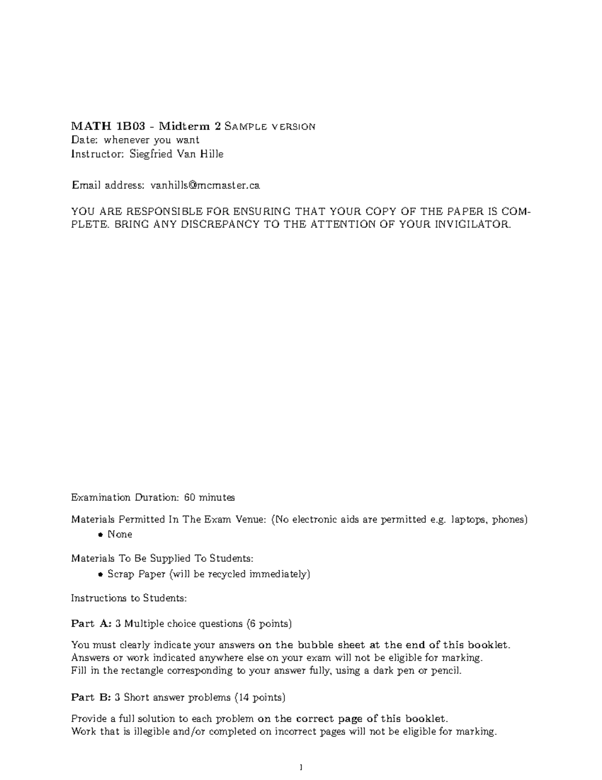 Math 1B03 Winter 2023 Midterm 2 sample test - MATH 1B03 - Midterm 2 ...