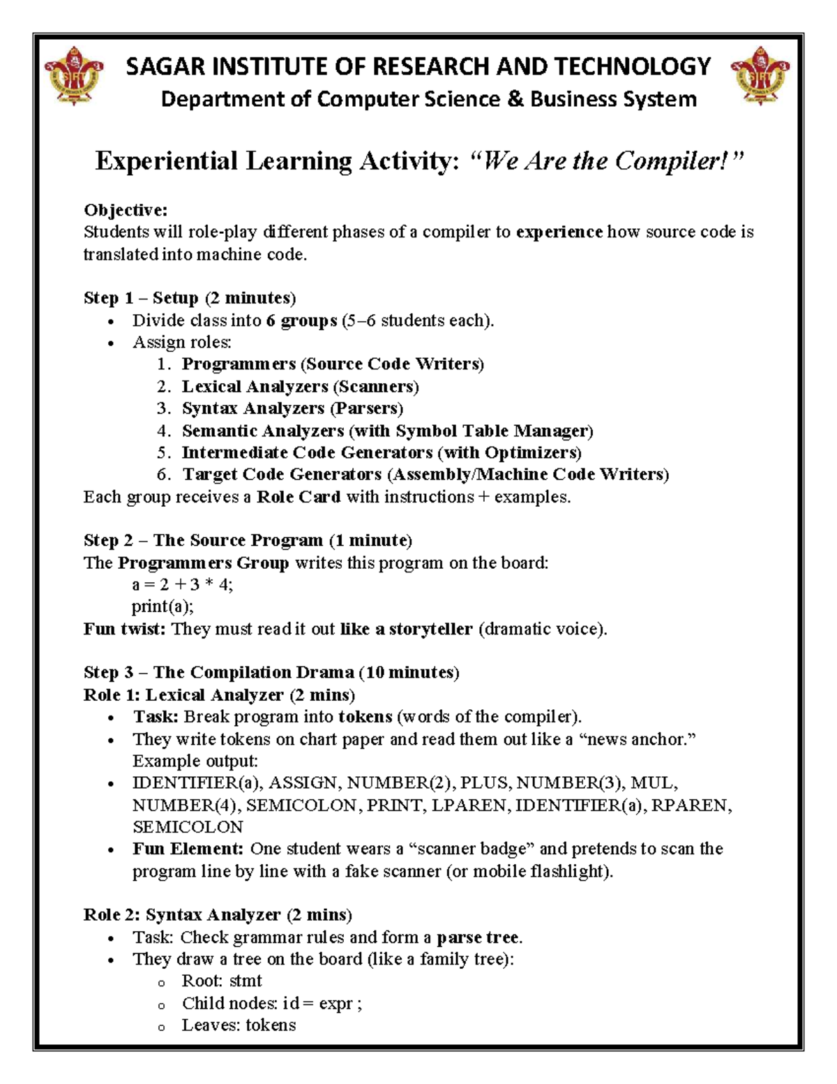 Experiential Learning Activity: Compiler Phases in CS 101 - Studocu
