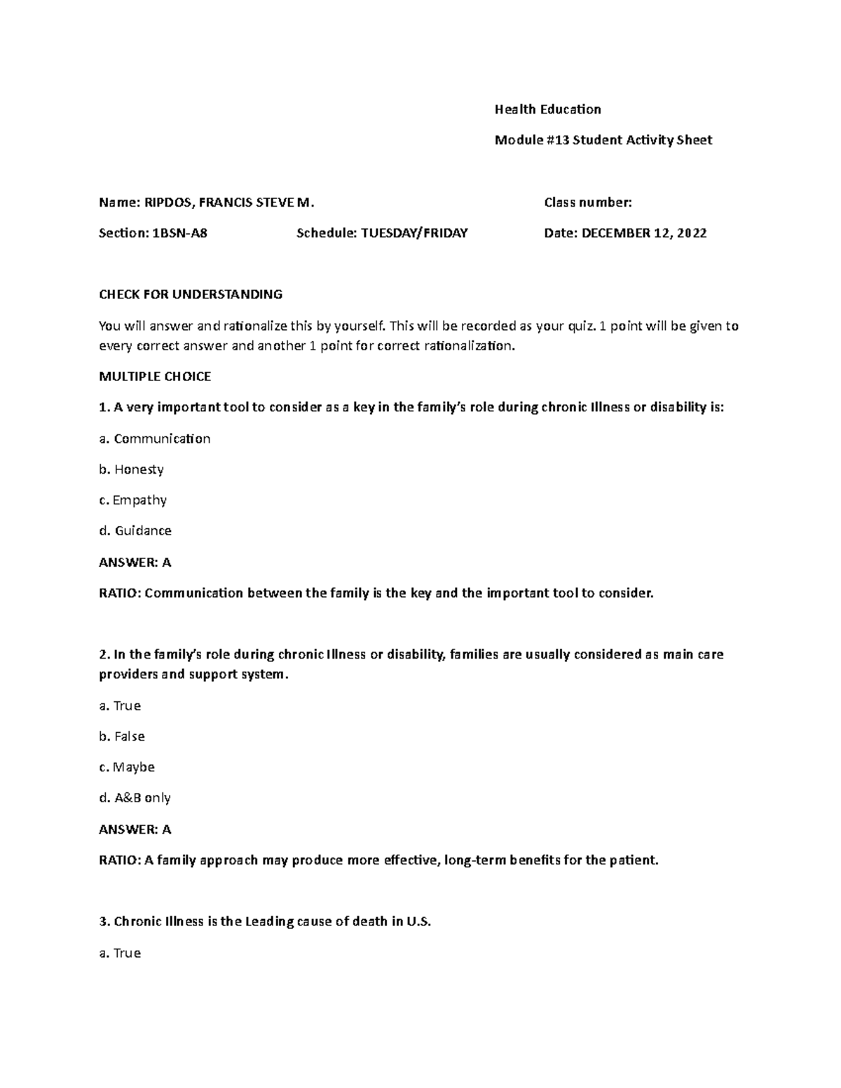 Health Education Module SAS 13-14 Student Activity Sheets and Quizzes - Document Preview