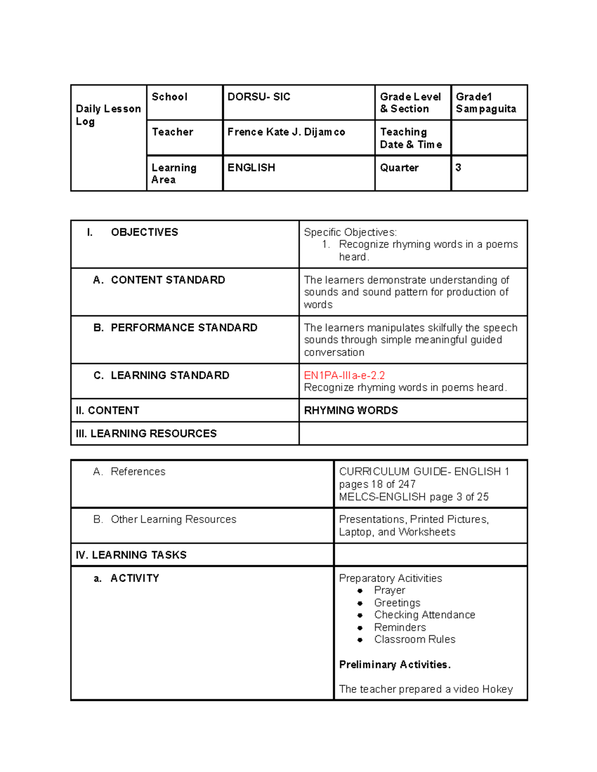 Lesson Plan in - Daily Lesson Log School DORSU- SIC Grade Level ...