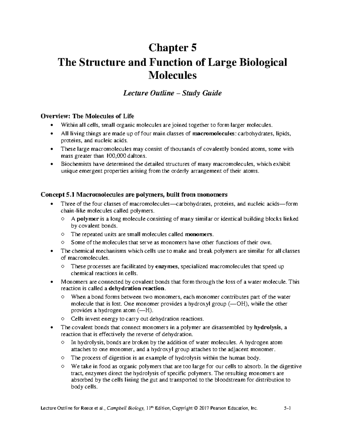 Lecture Outline: Chapter 5 - Biological Molecules - Studocu