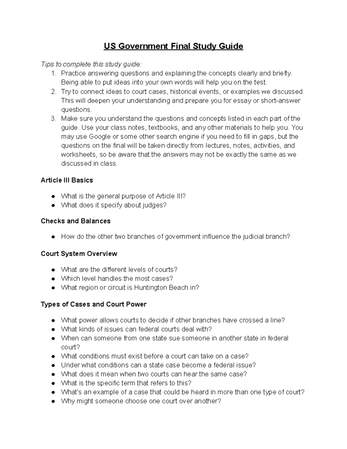 US Government (GOV 101) Final Exam Study Guide: Key Concepts & Cases ...