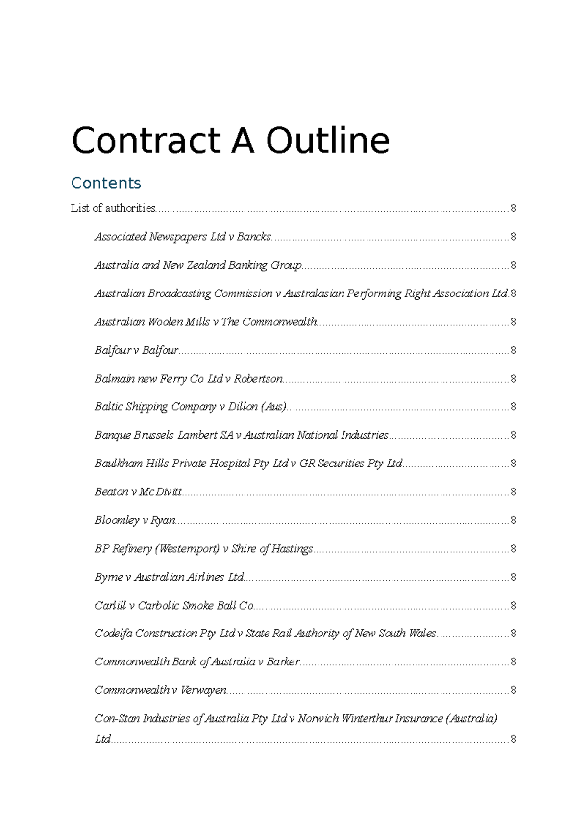 Contract A Outline: Key Cases and Concepts in Contract Law - Studocu