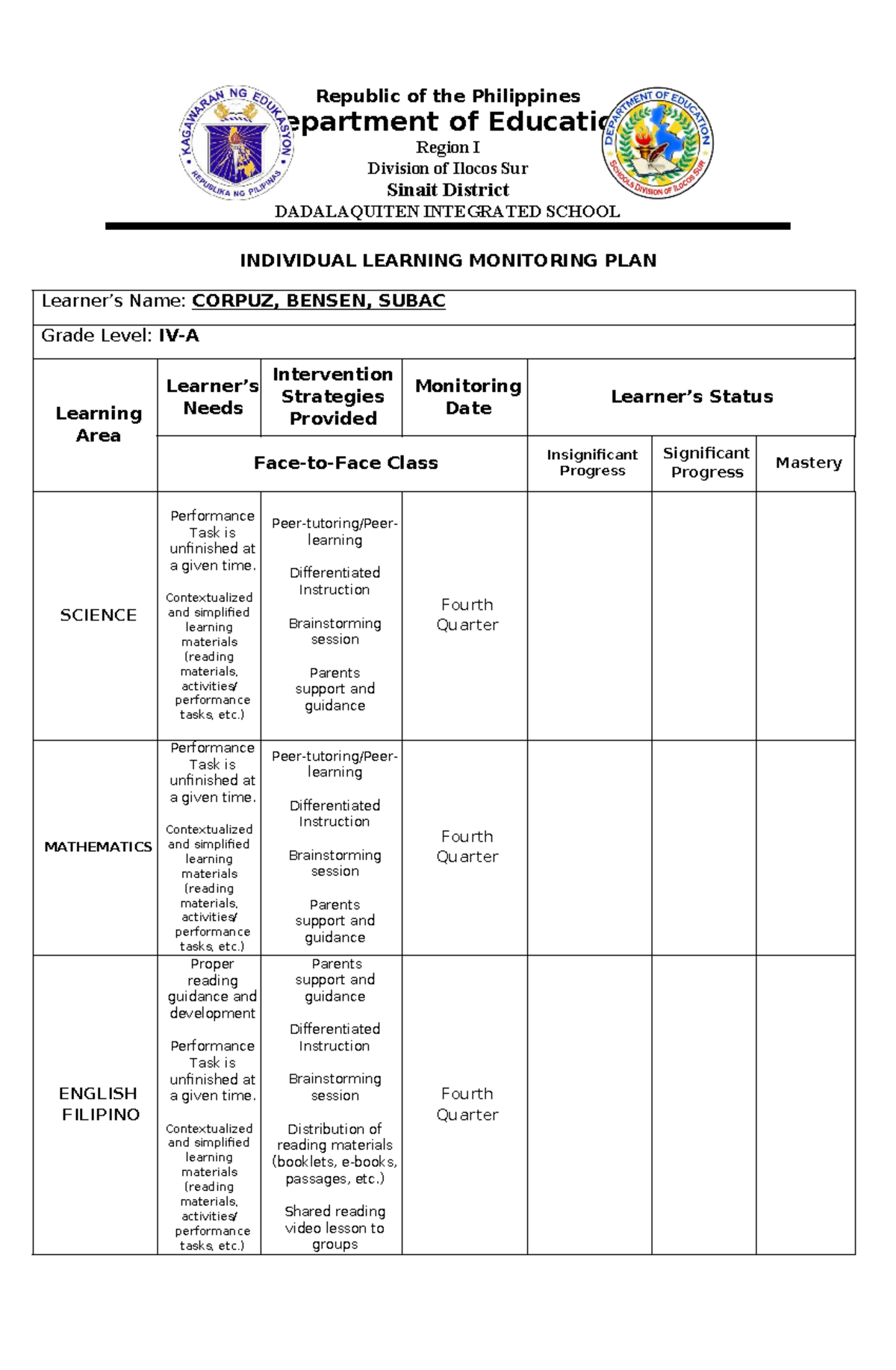 Individual Learning Monitoring Plan 2023-2024 for Grade Level Students ...