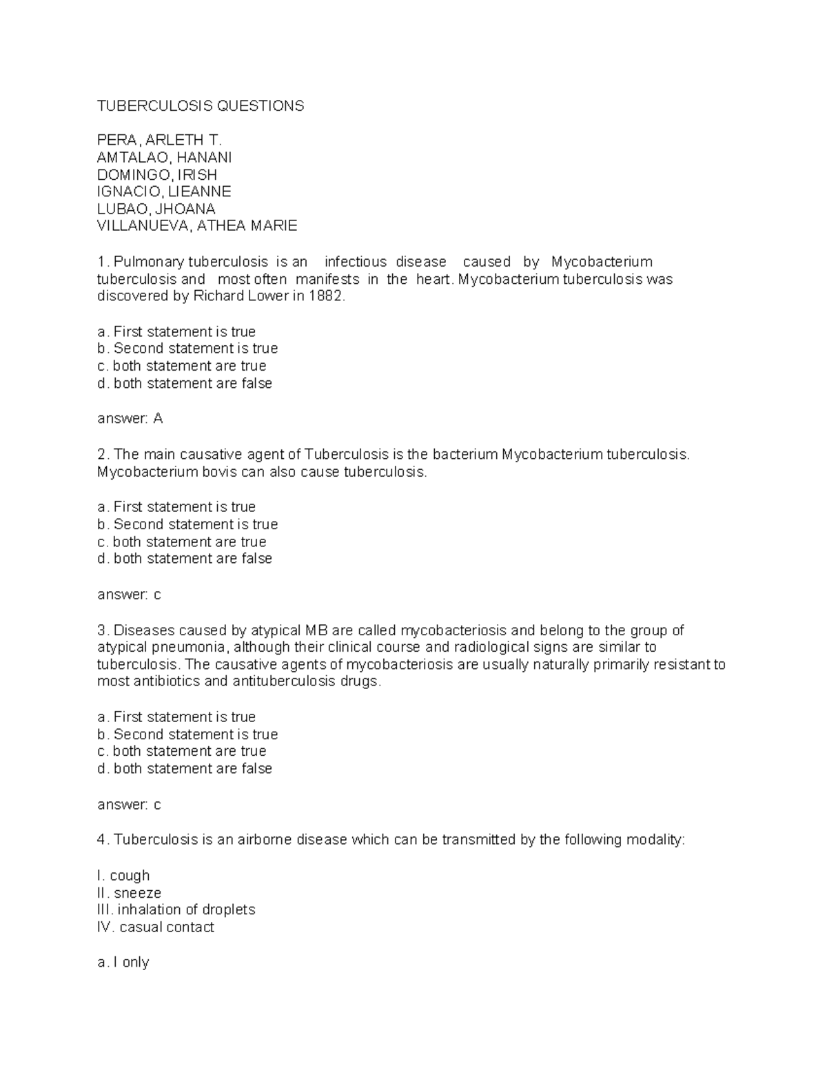 Tuberculosis Questions: Comprehensive Review and Answers - Studocu