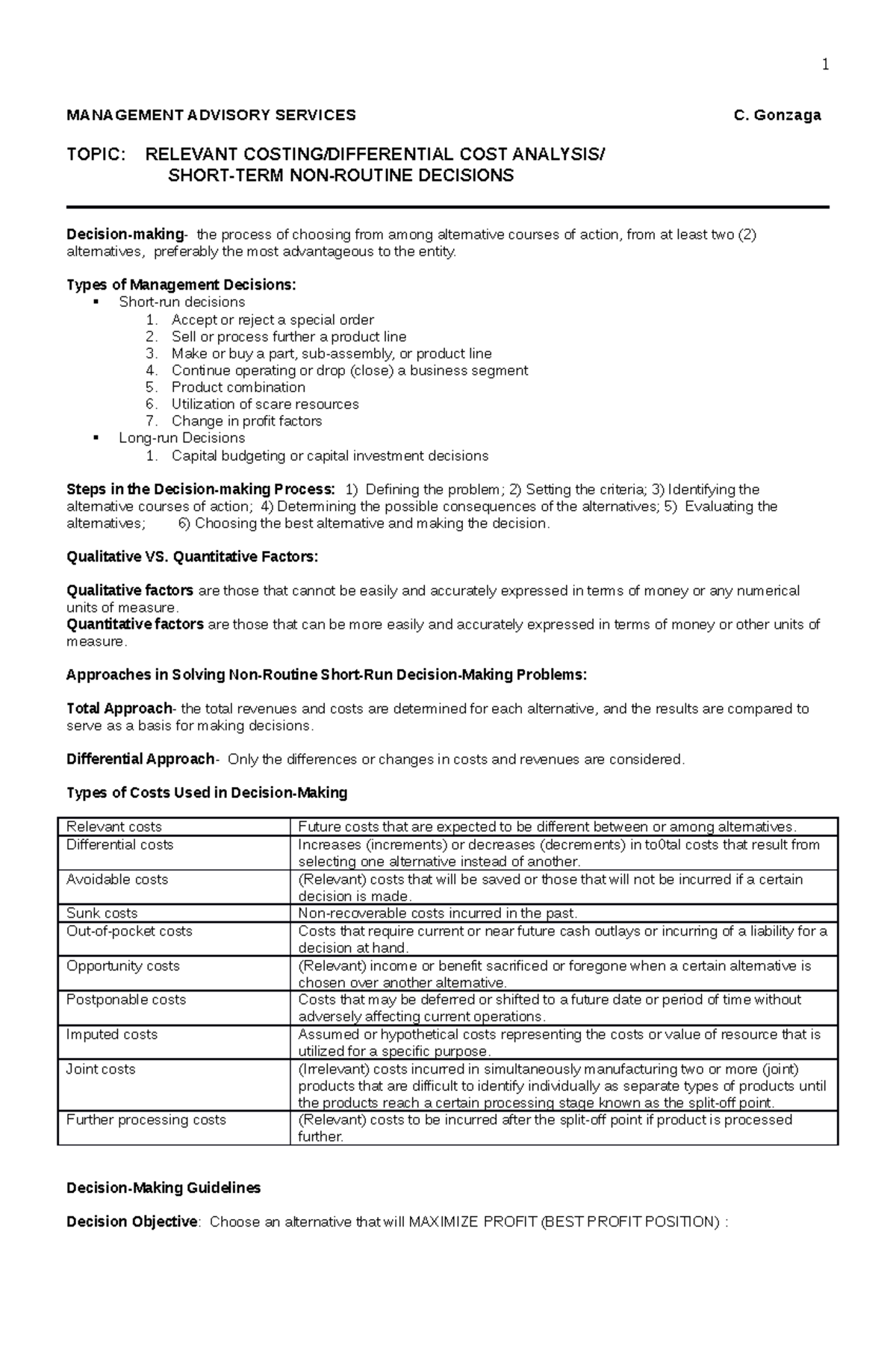 MAS Relevant Costing & Differential Cost Analysis: Final Exam Notes ...