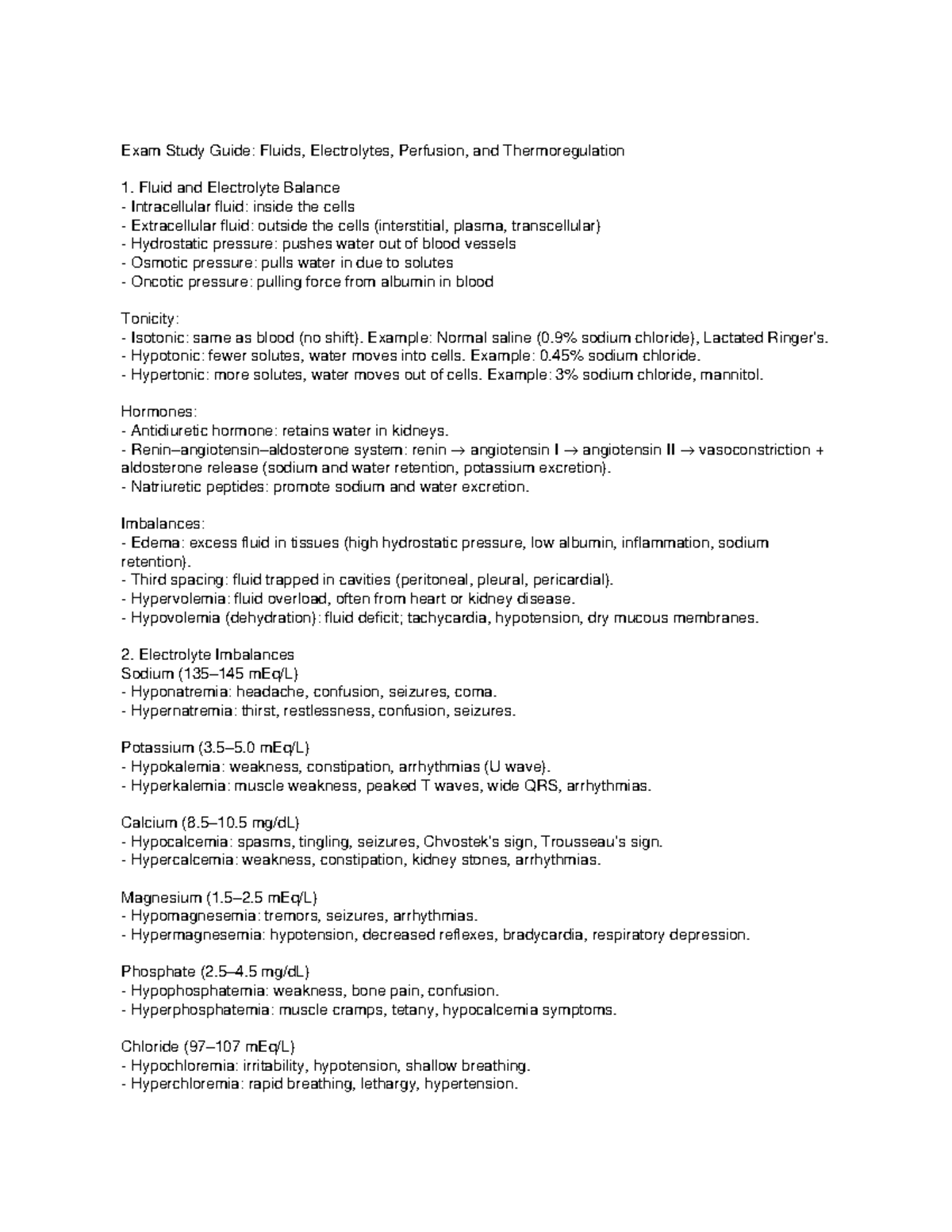 NUR 101 Final Exam Study Guide: Fluids, Electrolytes & Perfusion - Studocu