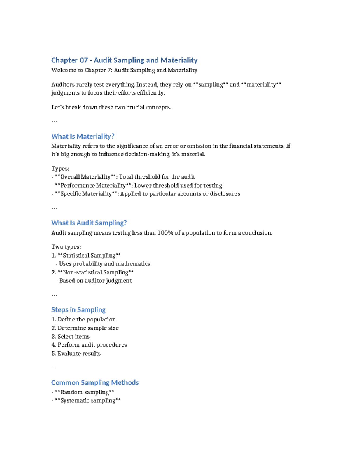 Chapter 07: Audit Sampling & Materiality Insights - Studocu