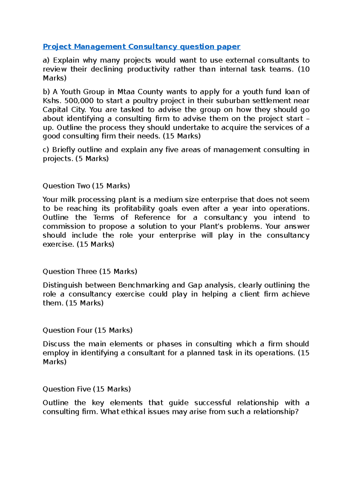 PM Consultancy Question Paper for Project Management Class - Studocu