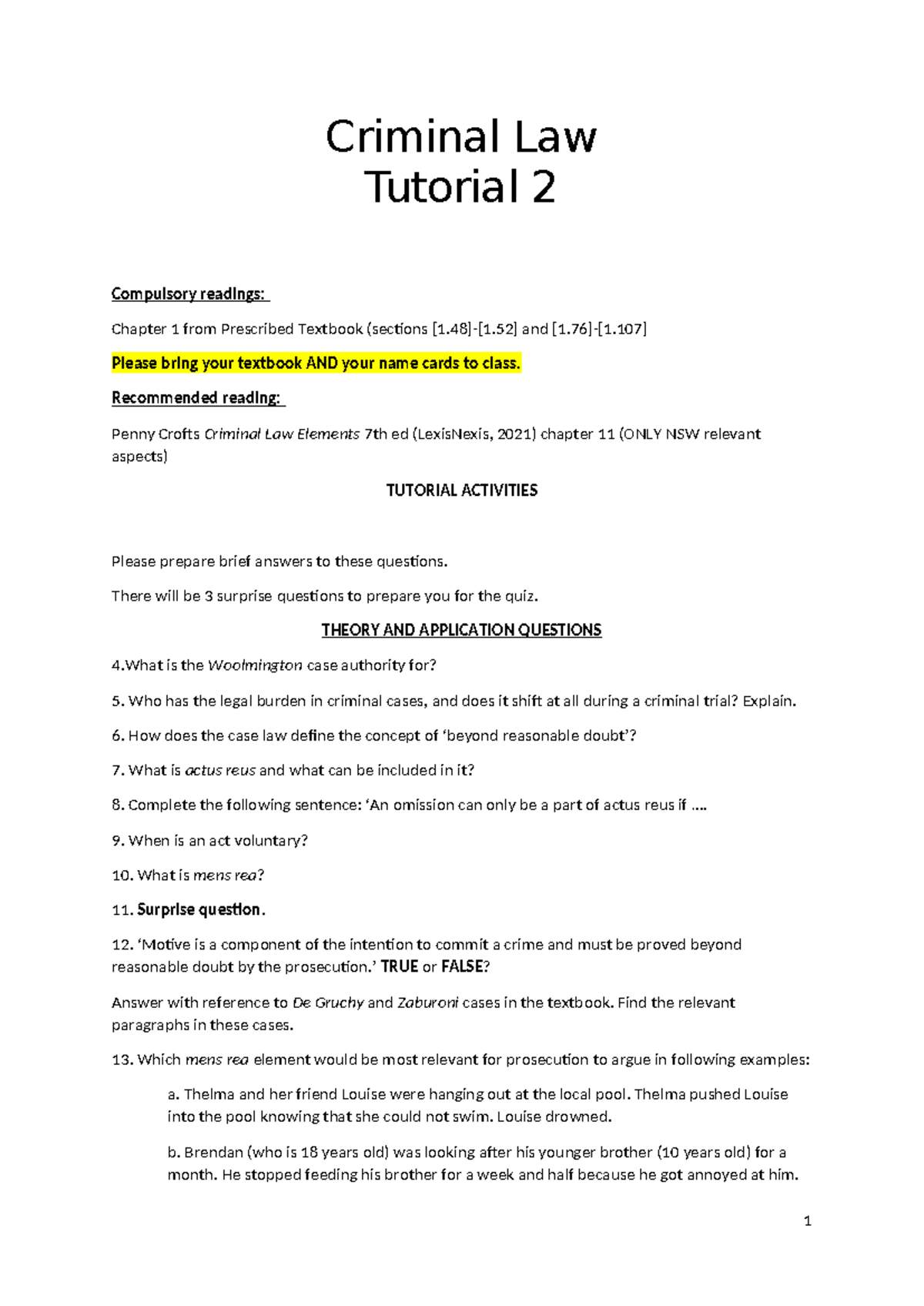 Criminal Law Tutorial 2: Key Readings & Quiz Prep Questions - Studocu