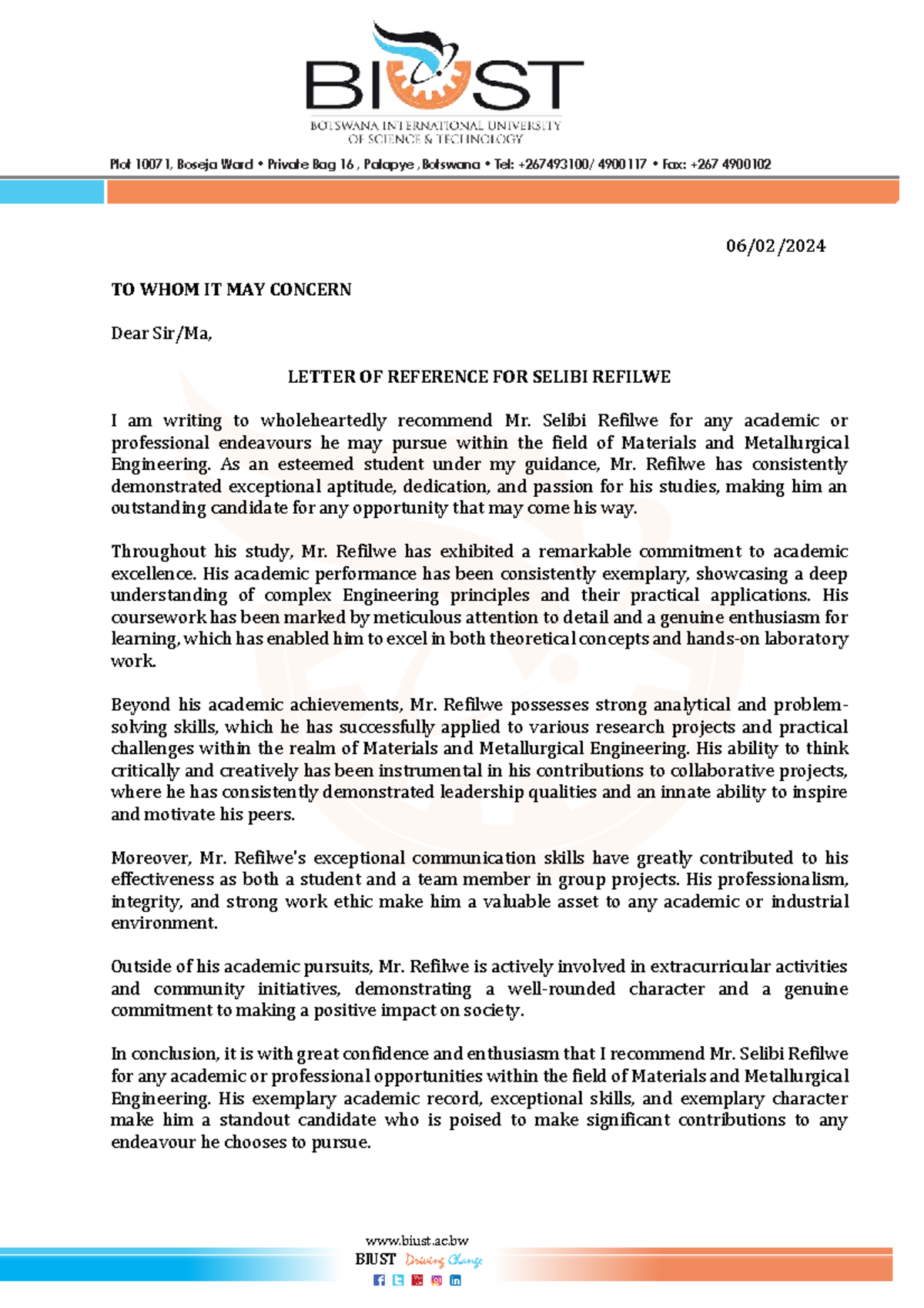 Reference Letter for Selibi Refilwe - Materials Engineering - Studocu