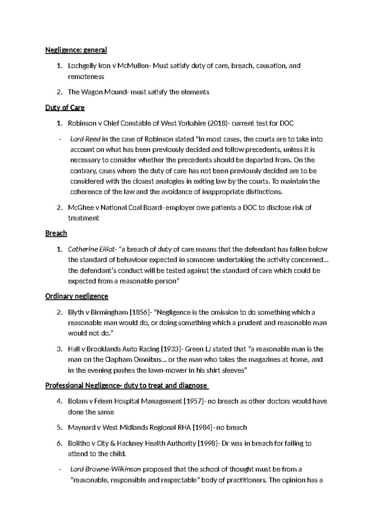 Tort Law Final Notes: Key Cases on Negligence and Nuisance - Studocu
