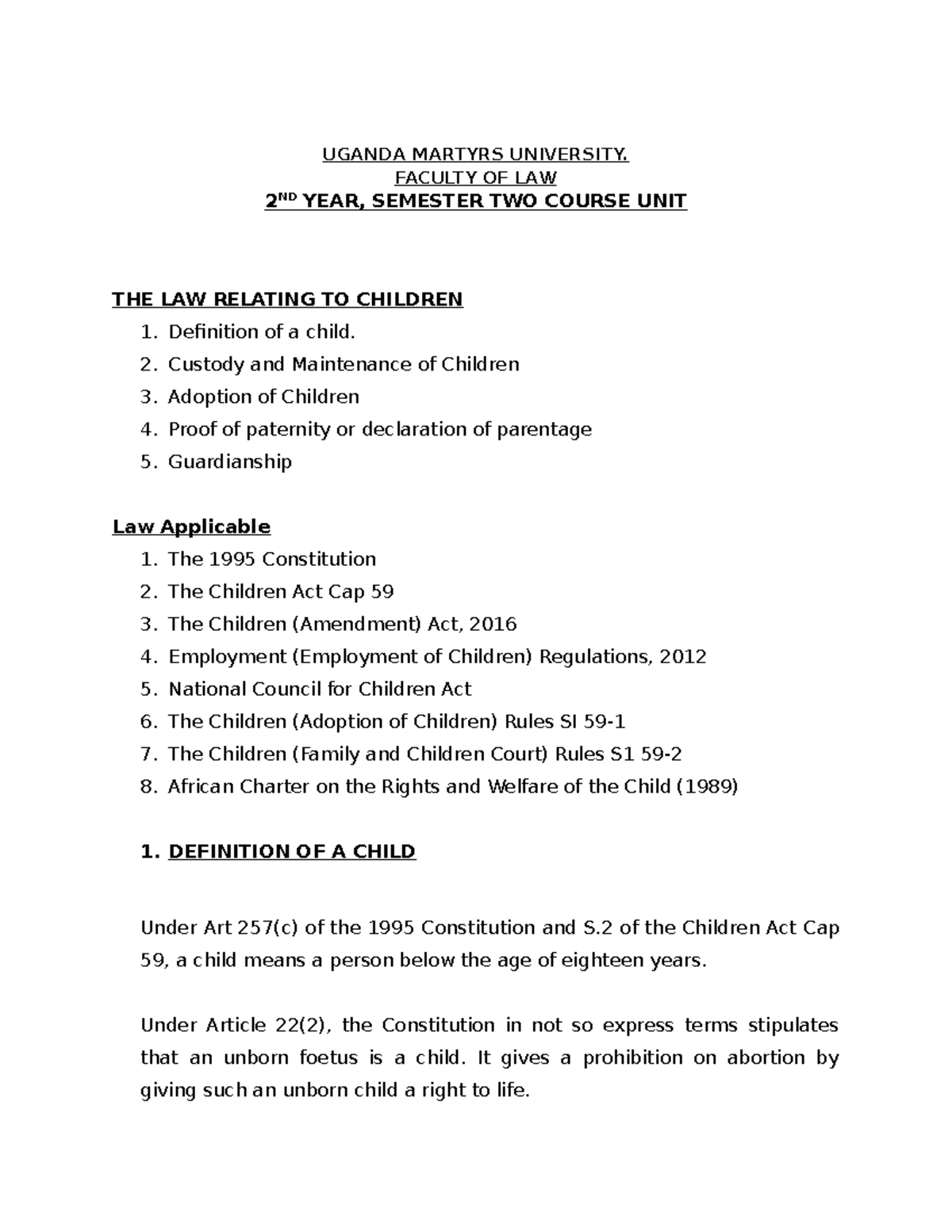 Family Law II (LW 202): Comprehensive Student Notes on Child Law - Studocu