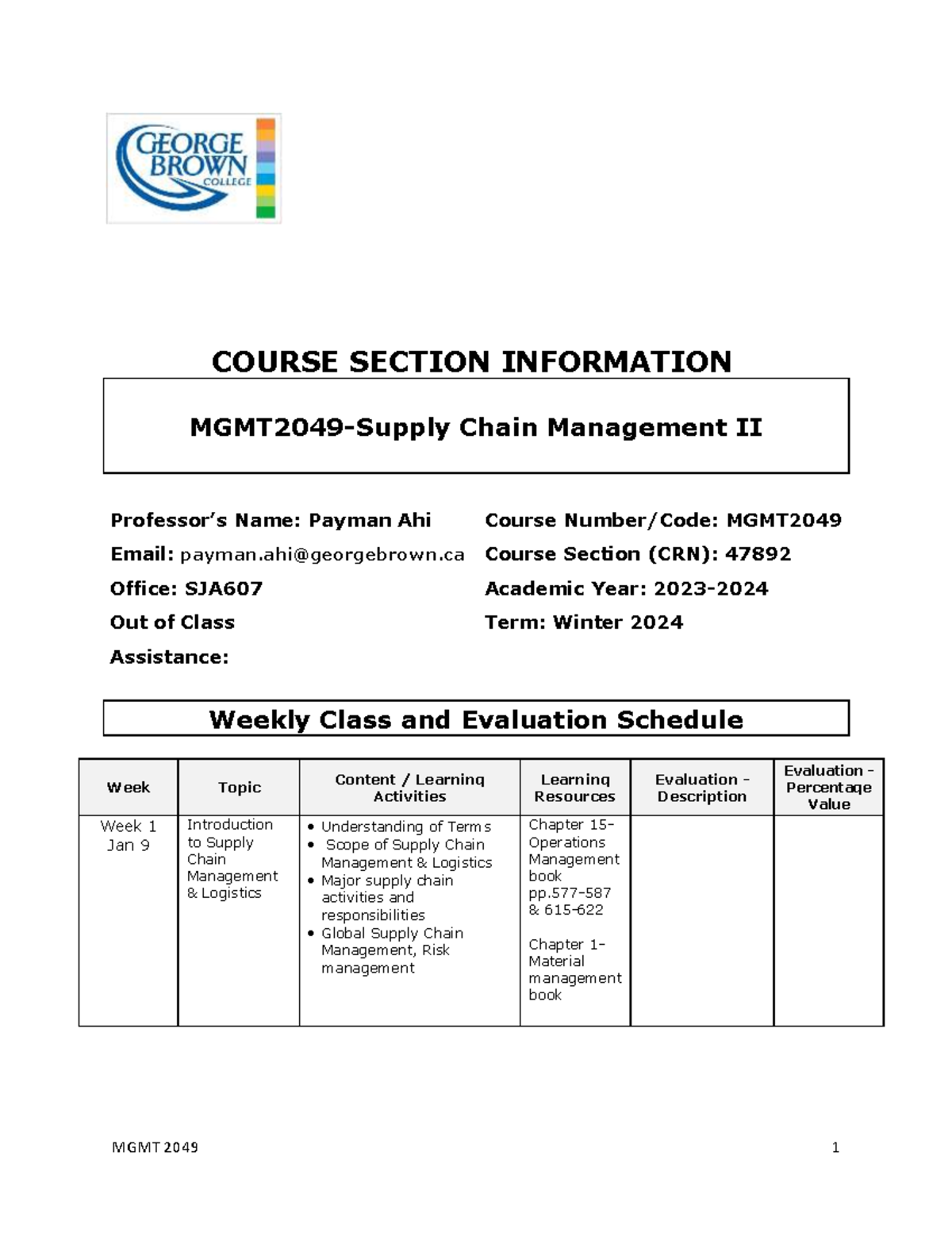 MGMT2049 Course Info: Supply Chain Management II Winter 2024 - Studocu