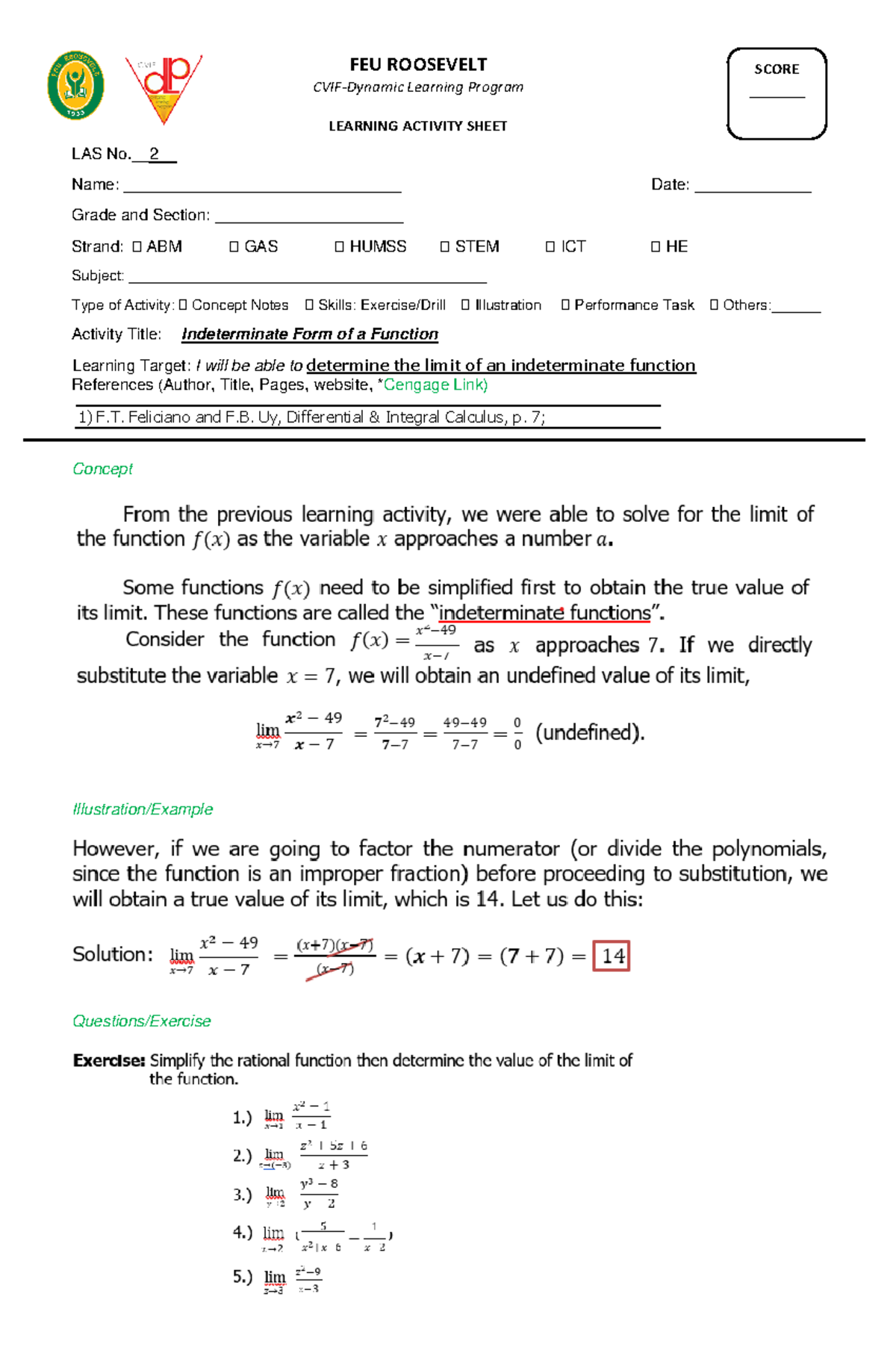 LAS 2 - Indeterminate Forms - LAS No.__ 2 __ Name ...