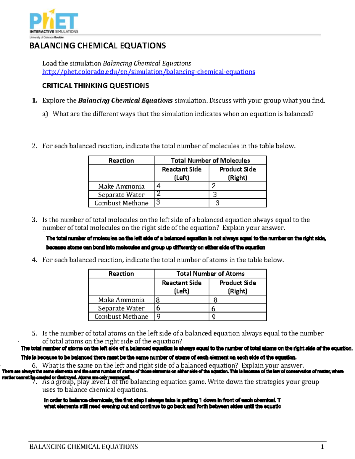 Balancing Chemical Equations: Guided Inquiry (Chem 101) - Studocu
