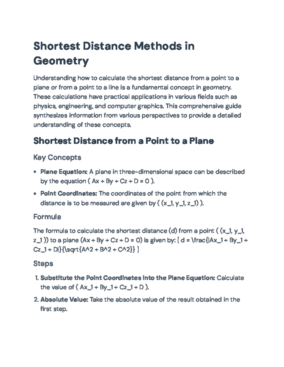 Shortest Distance Methods in Geometry: Point to Plane and Line ...