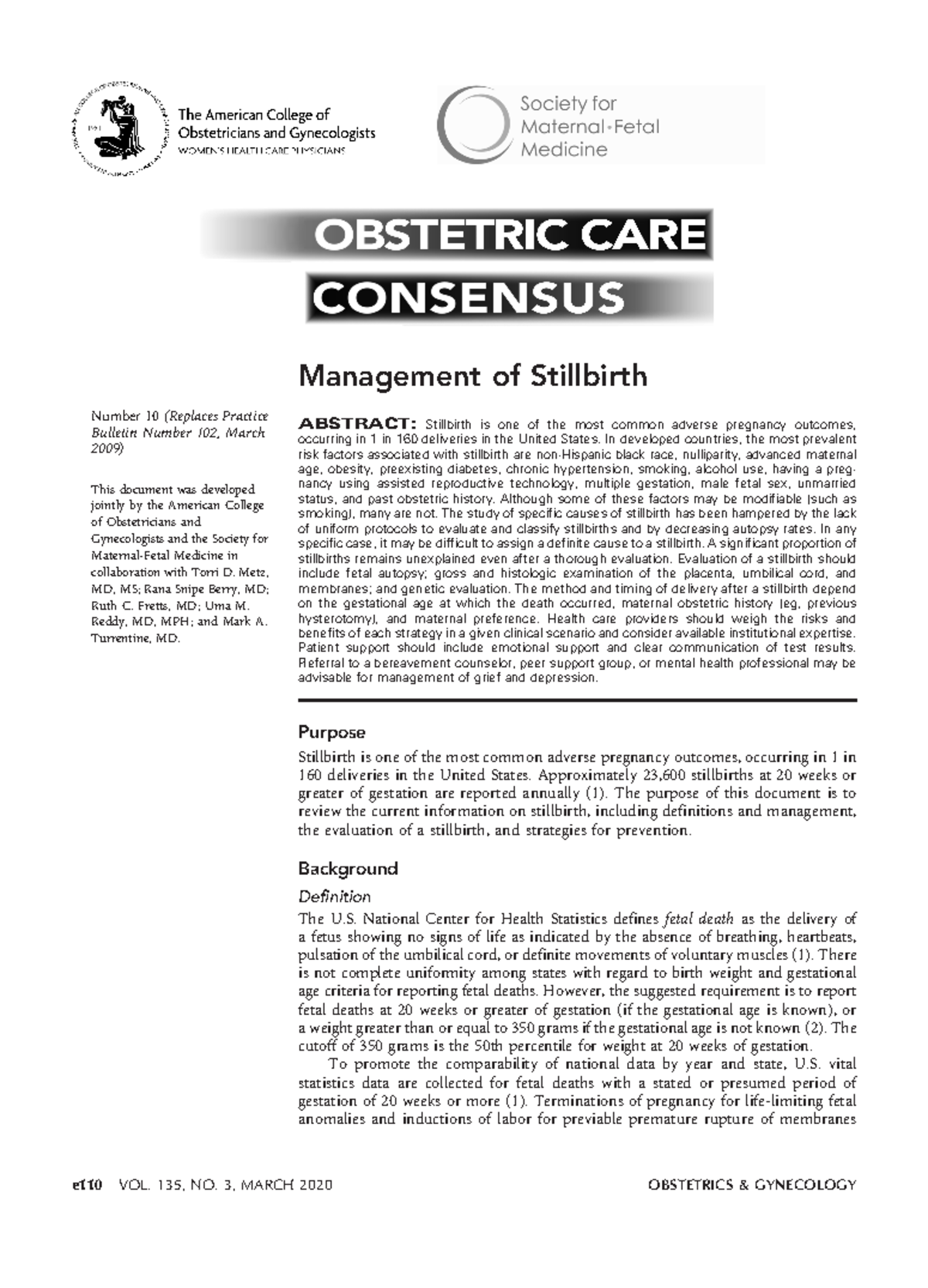Management of Stillbirth - Number 10(Replaces Practice Bulletin Number ...