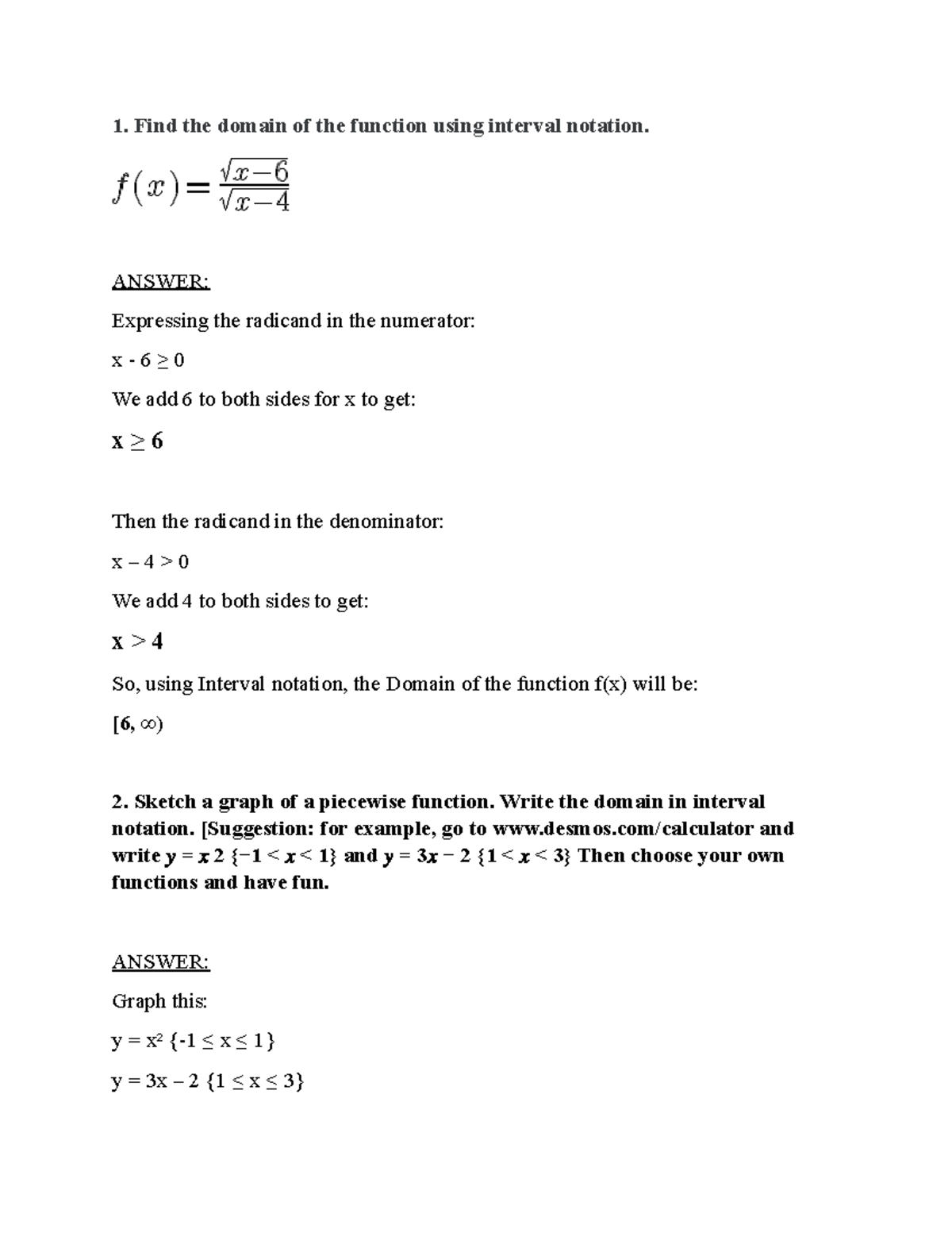 MATH 1201 Written Assignment: Domain, Range, and Piecewise Functions ...