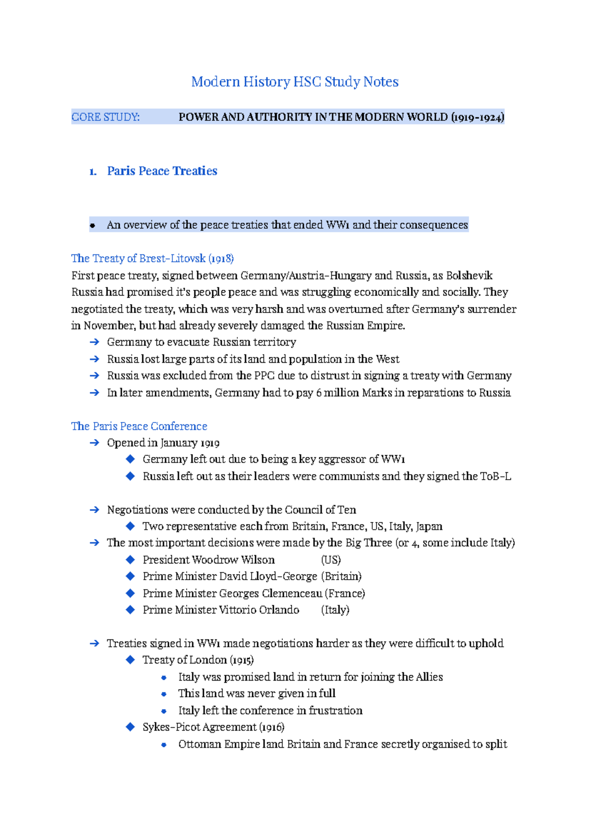 Modern History HSC Study Notes - Paris Peace Treaties An overview of ...