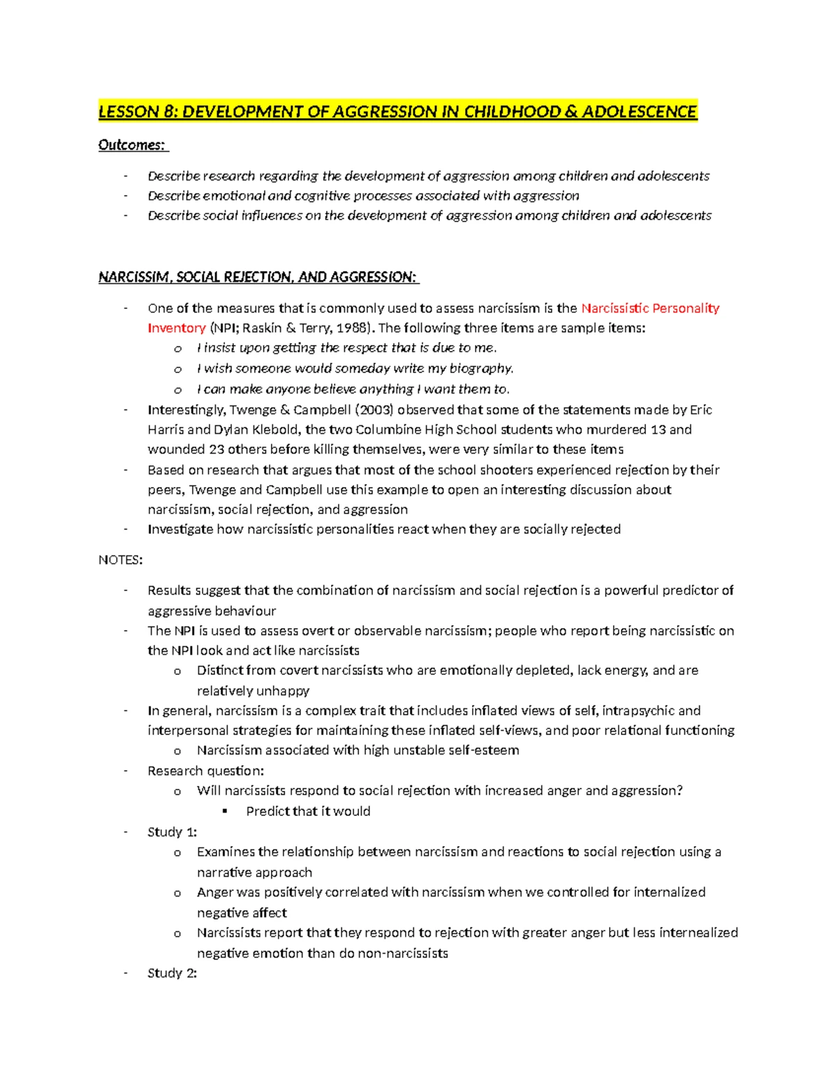 Lesson 9: Situational Elicitation of Aggressive Behavior & Honor ...
