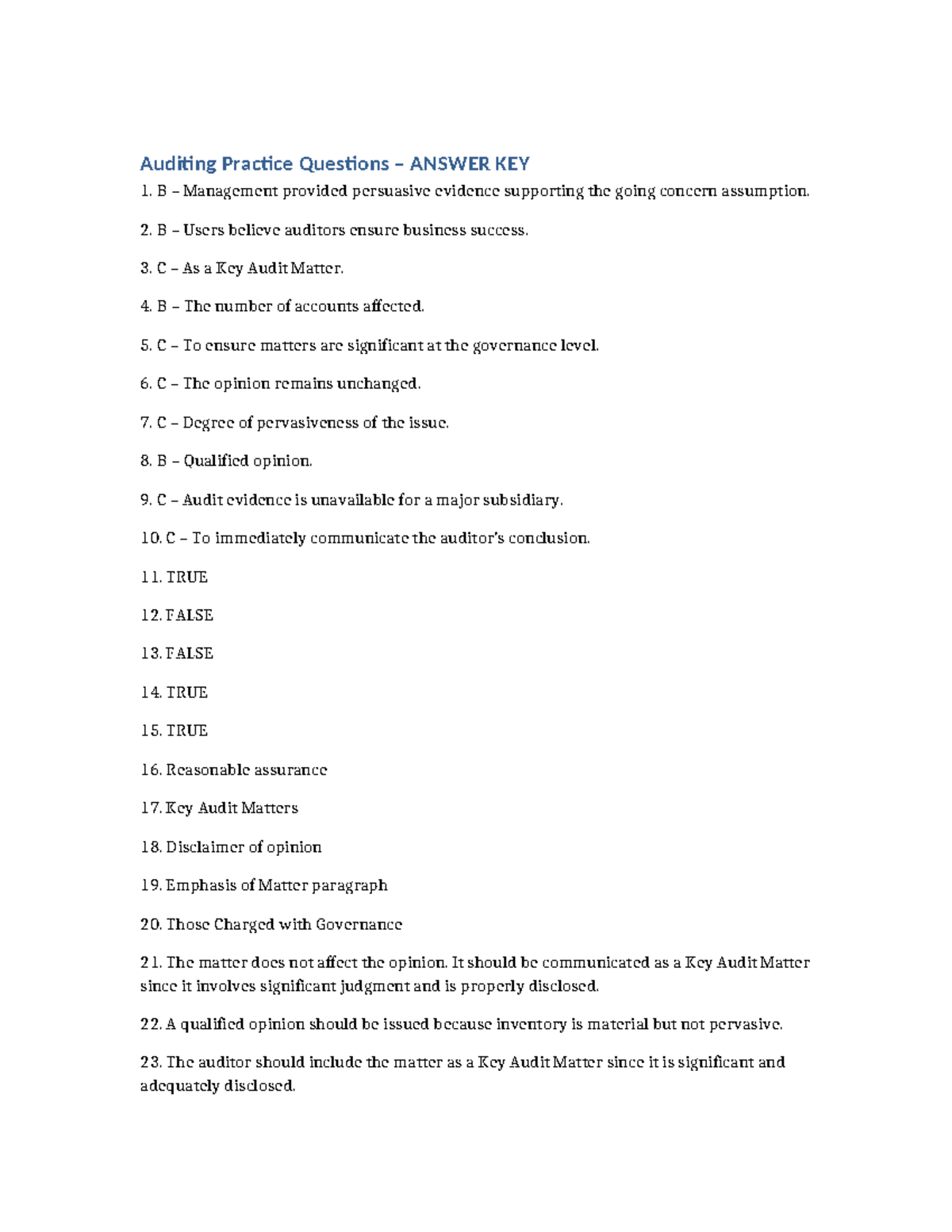 Auditing Practice Questions ANSWER KEY - Course Code: ARAL - Studocu