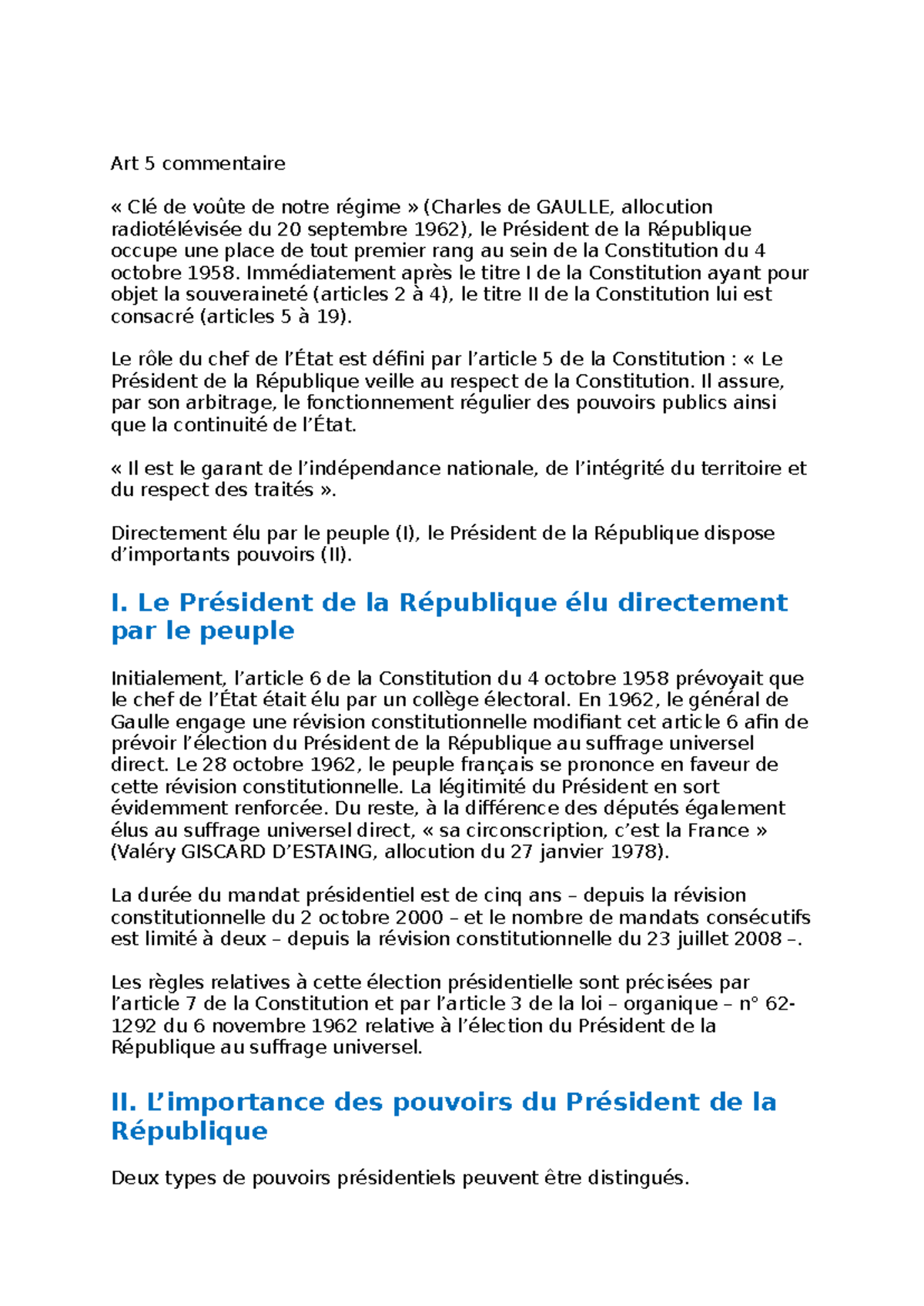 Art 5 : Le Rôle du Président de la République dans la Constitution de ...
