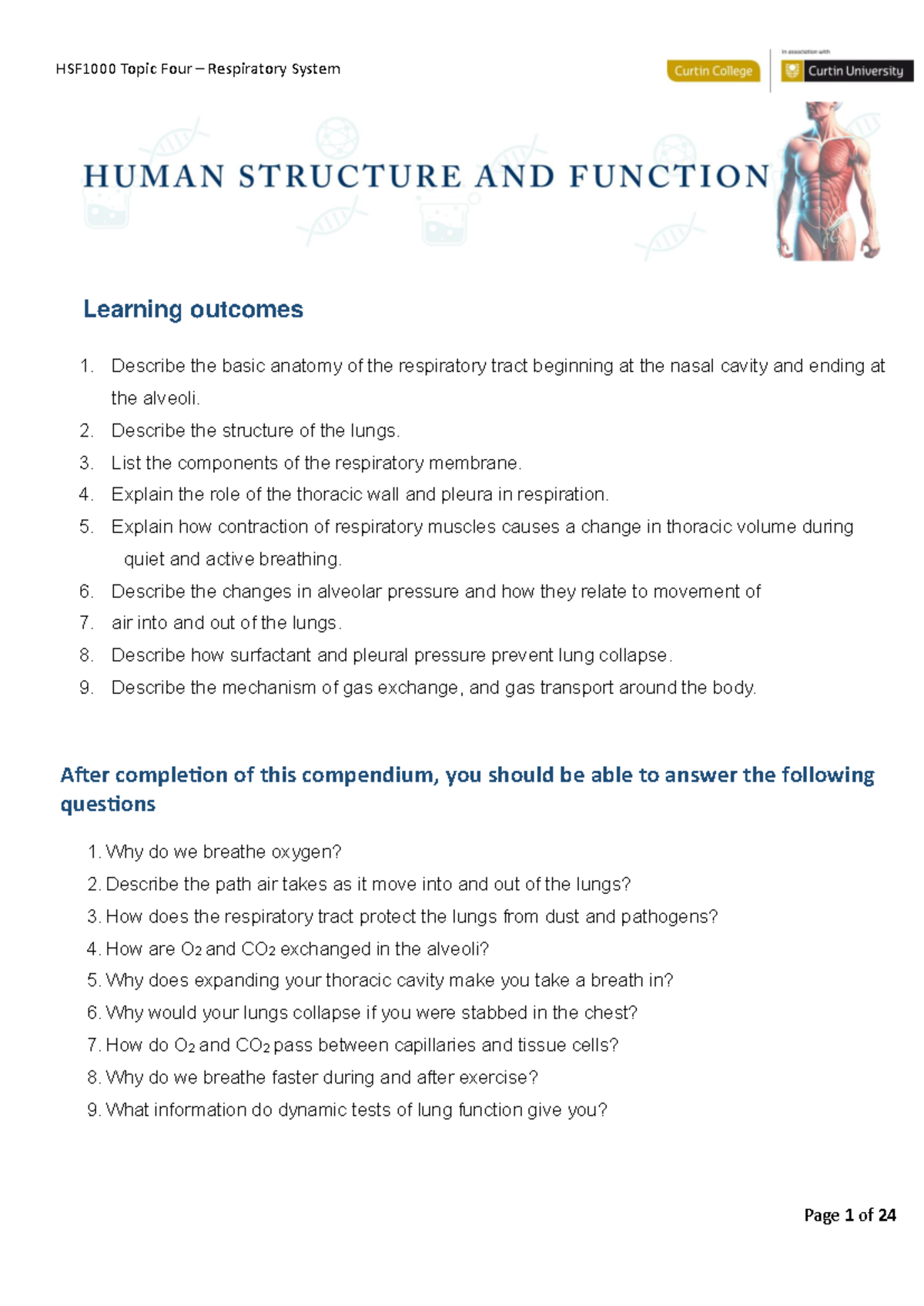 Topic 4: Respiratory System Tutorial Manual and Learning Outcomes - Studocu