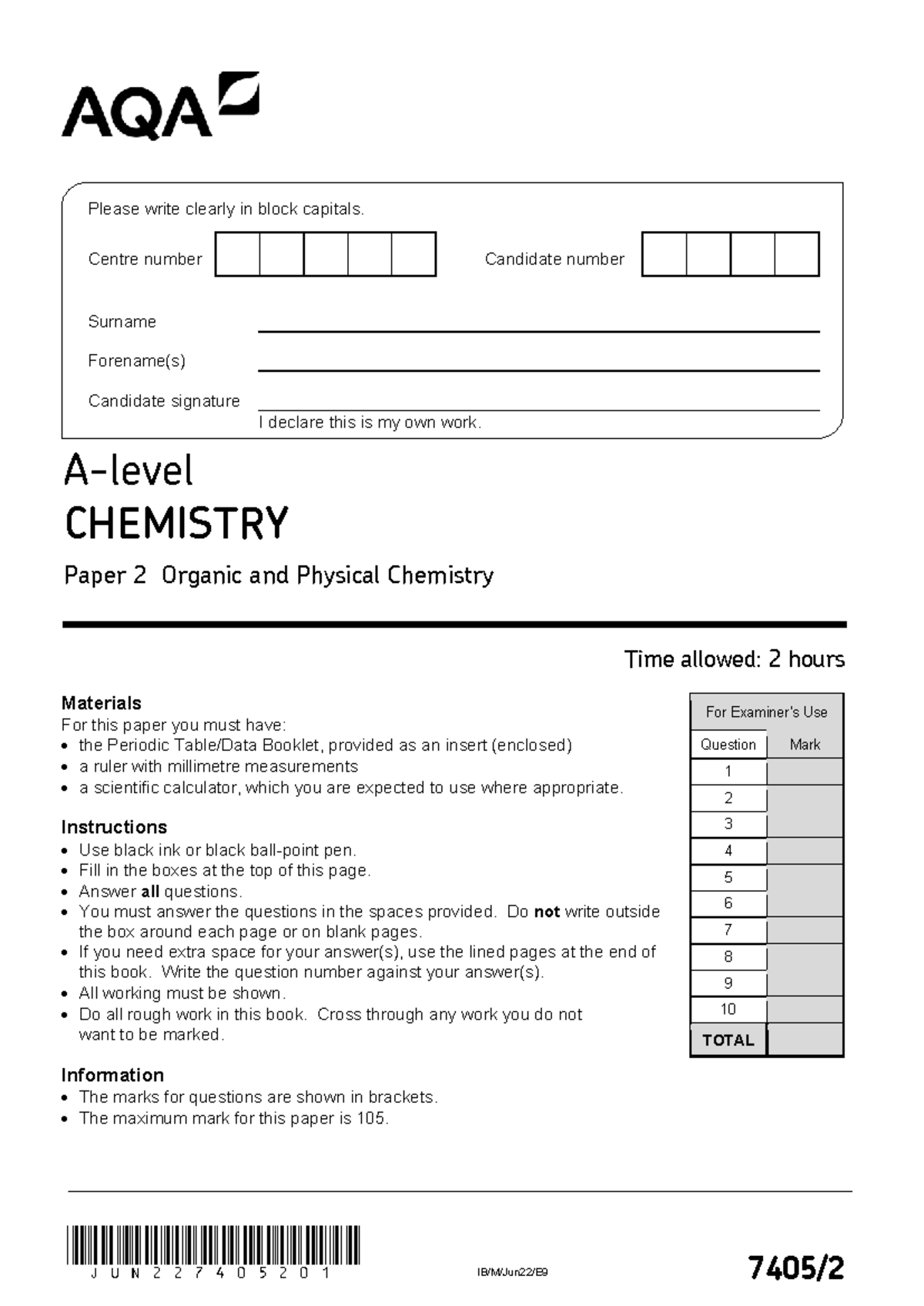AQA 74052 Paper 2 Organic & Physical Chemistry Exam - June 2022 - Studocu