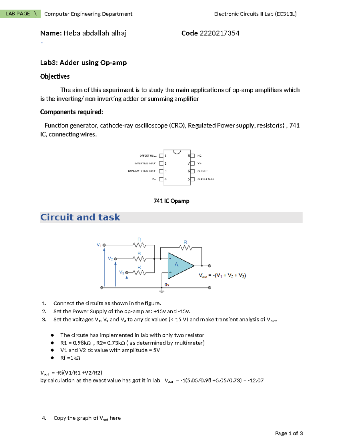 EC313L Lab 2: Op-Amp Applications and Adder Circuit Analysis - Studocu