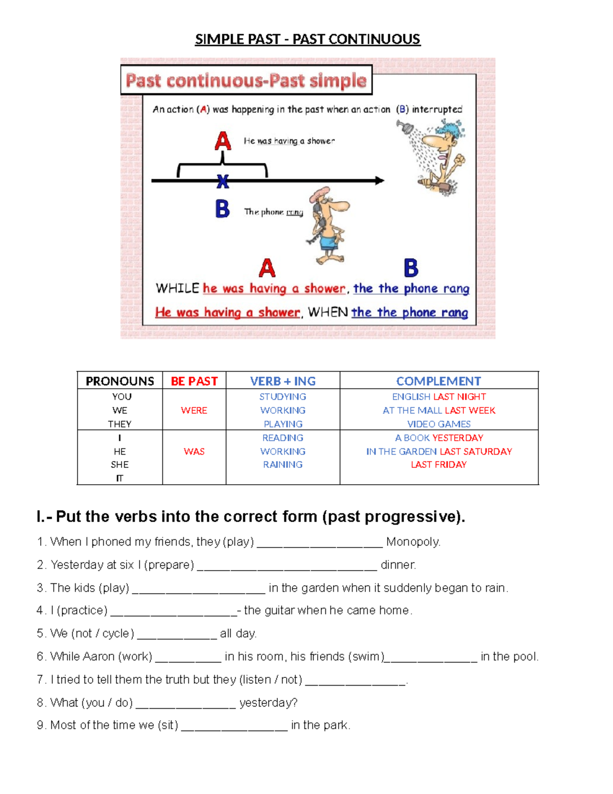 PAST - PAST Continuous Verbs Practice Exercises for English Learners ...