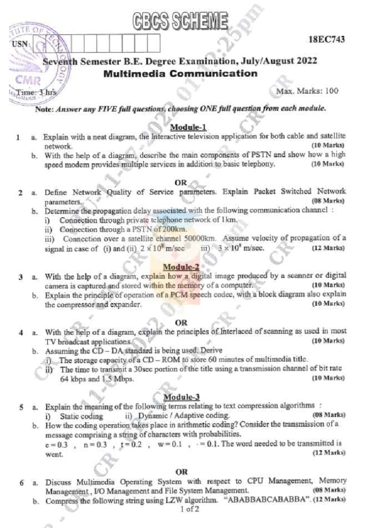18EC743 Seventh Semester B.E. Exam 2022: Multimedia Communication Notes ...