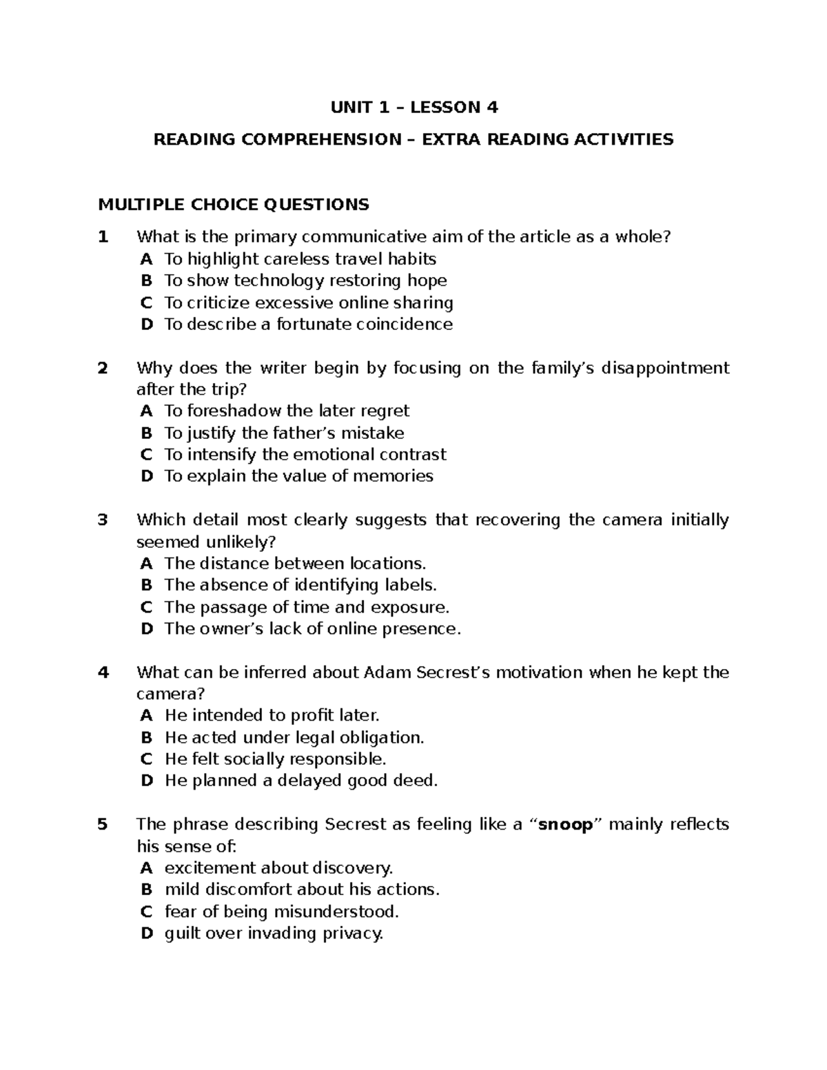 UNIT 1 LESSON 4F READING COMPREHENSION HOMEWORK QUESTIONS - Studocu