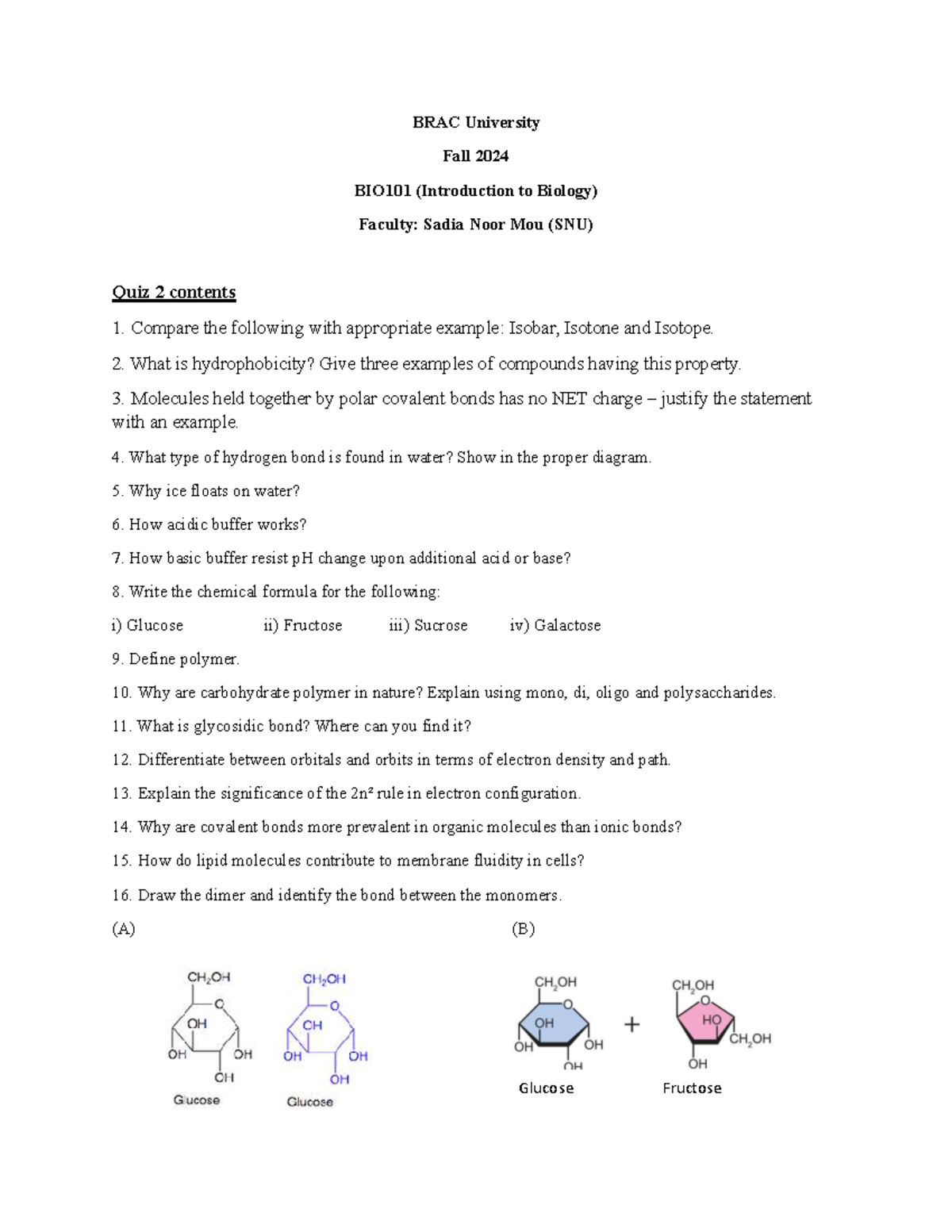BRAC University Fall 2024 BIO101 Quiz 2 Study Guide by SNU - Studocu