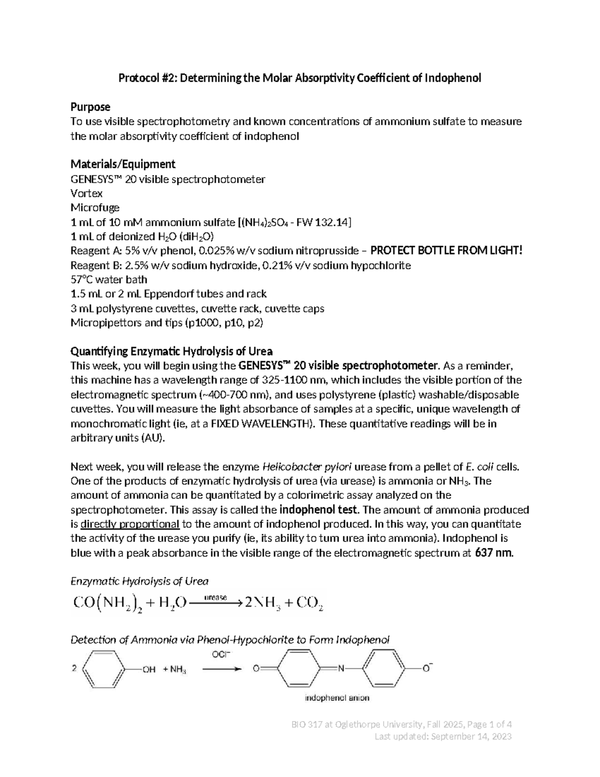 Determining Molar Absorptivity Coefficient of Indophenol - BIO 317 ...