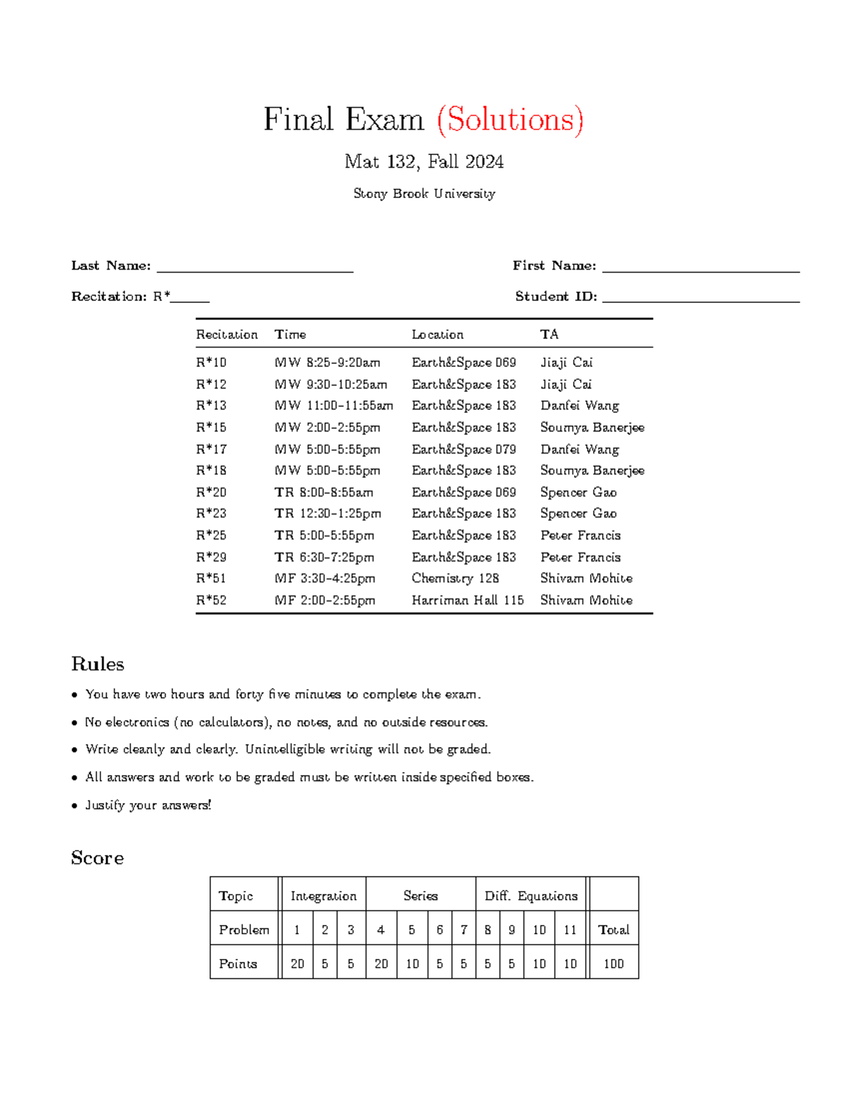 MAT 132 Fall 2024 (1) - course work - Final Exam (Solutions) Mat 132 ...