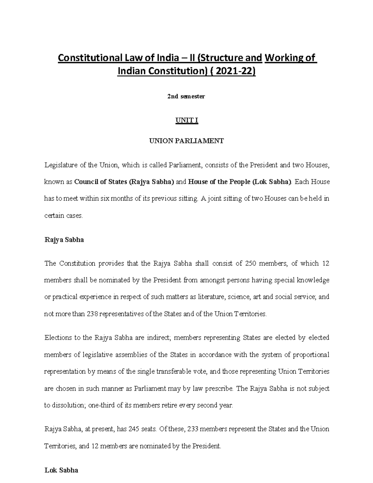 Constitution II - Legislative and Executive Powers Notes (2021-22 ...