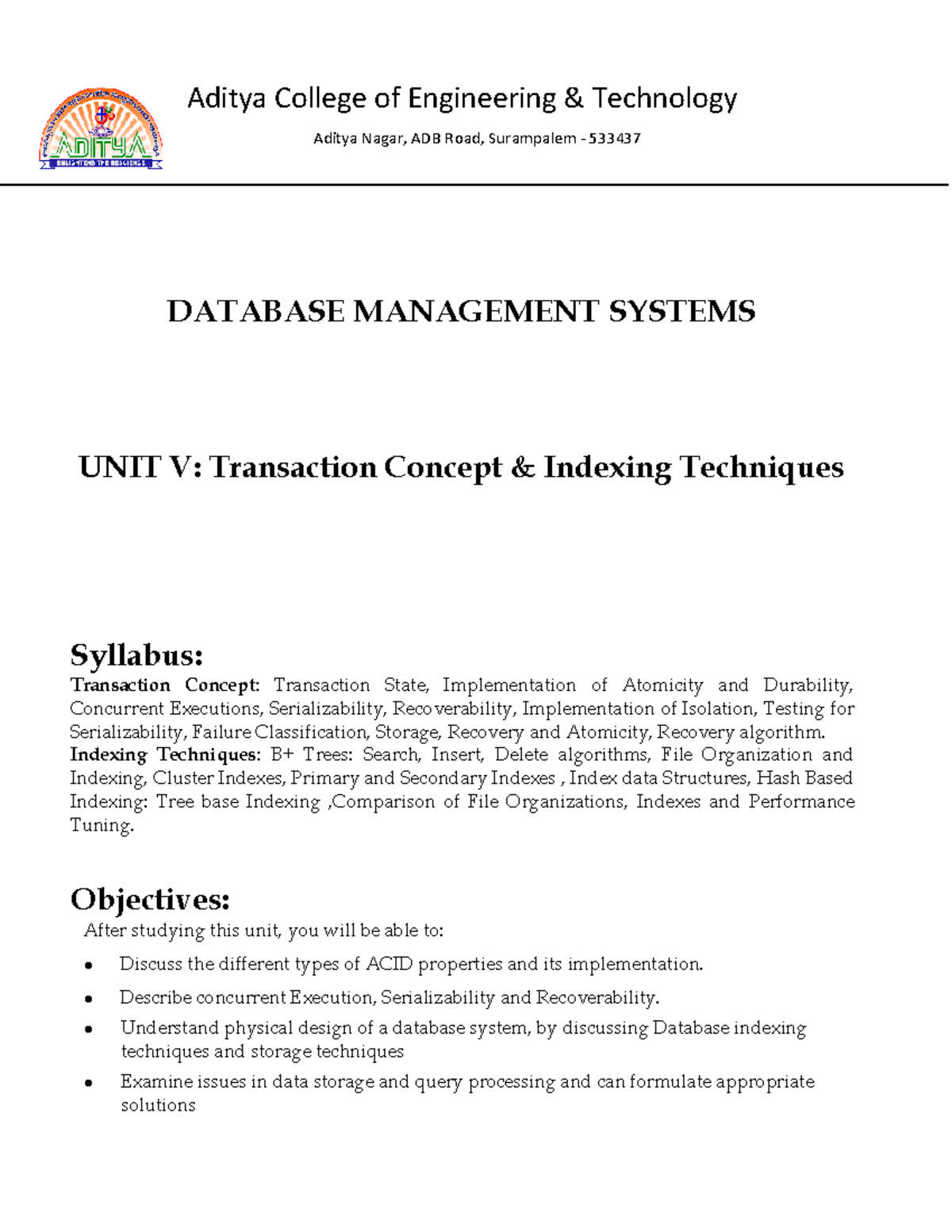 Database management system unit5 - Aditya College of Engineering ...