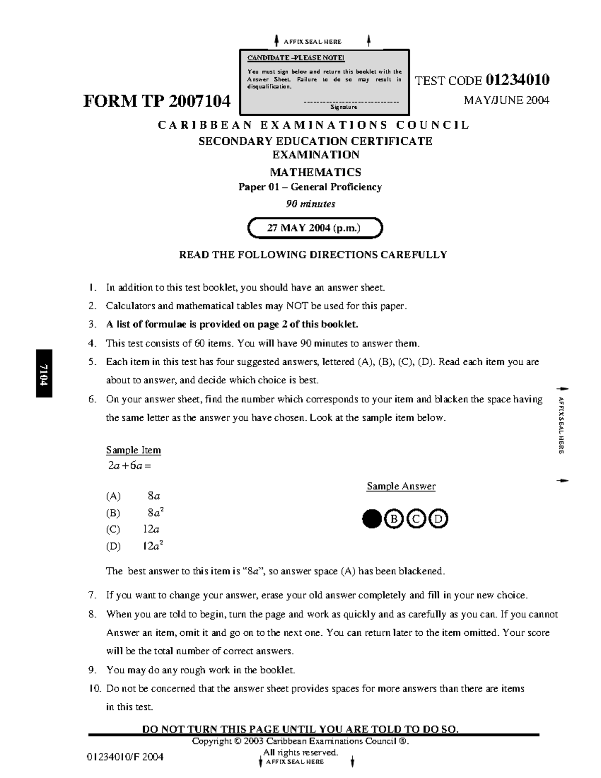 Mathematics Paper 01 General Proficiency Exam 2004 - Test Code 01234010 ...