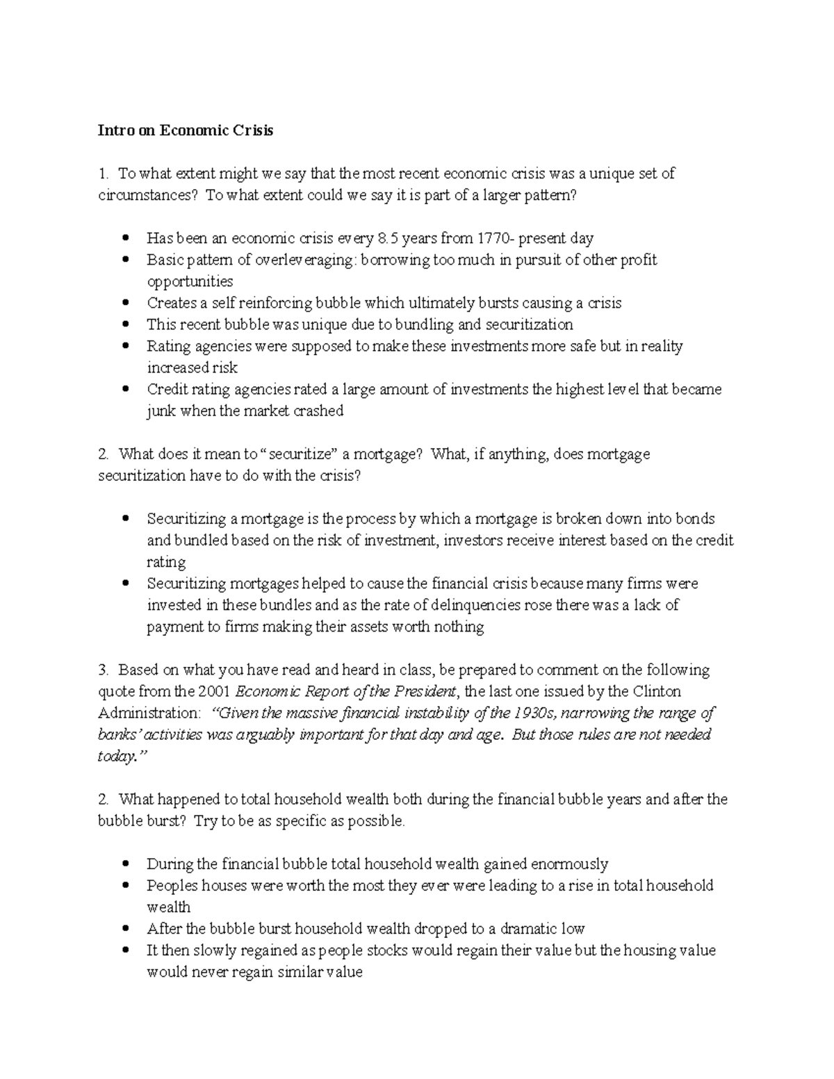 Econ 104 Midterm Exam Study Guide: Analyzing Economic Crisis and ...