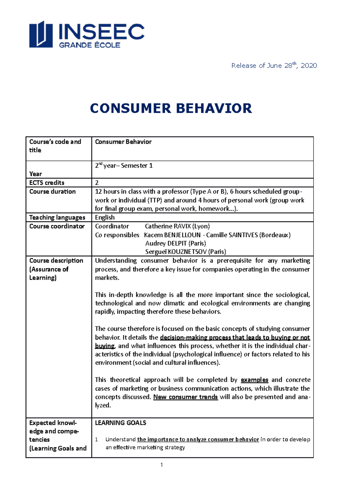 Syllabus for Consumer Behavior (2nd Year, Semester 1) - DEF - Studocu