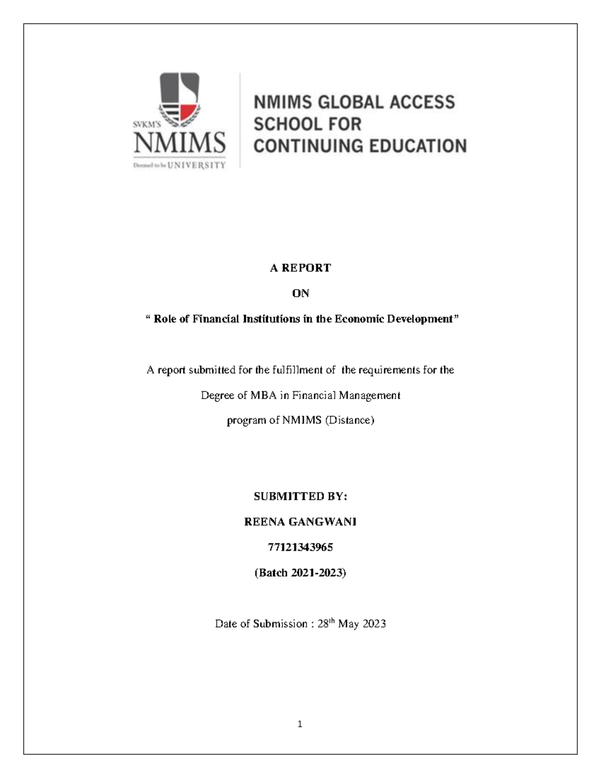 MBA Project - Role of Financial Institutions in Economic Development - Document Preview