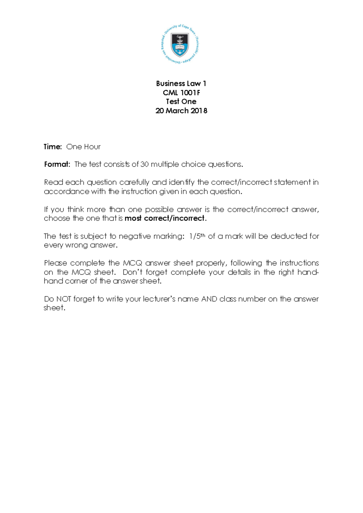 CML1004S 2018 Test 1 - Business Law Practice Test Questions - Studocu