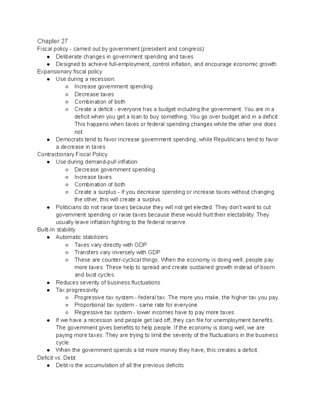 Macro Unit 3 Notes: Chapter 27 - Fiscal Policy and Its Impacts - Studocu
