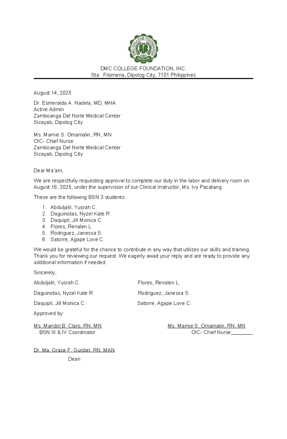 BSN 3 Duty Request Letter for Labor & Delivery Room - Studocu