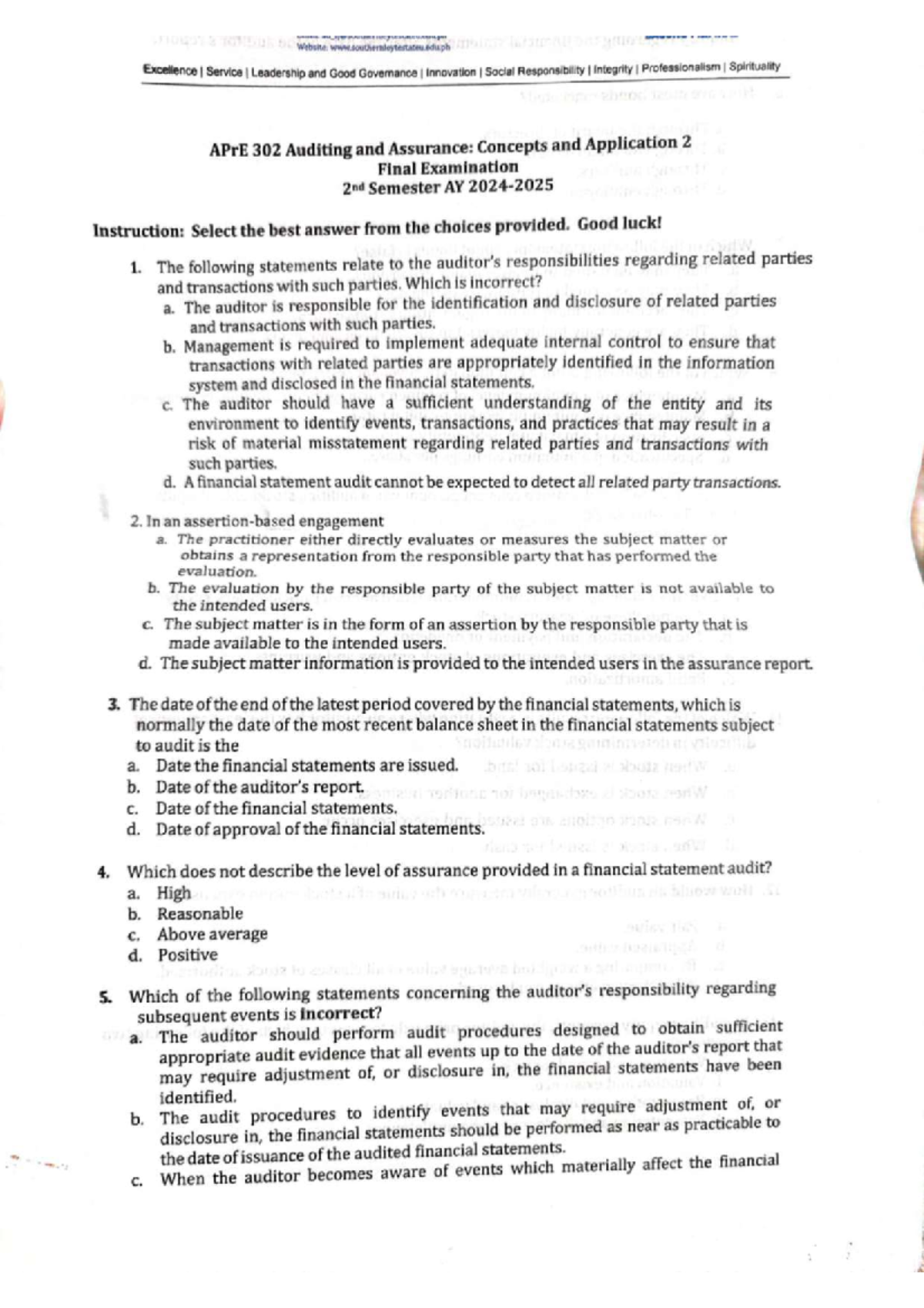 APrE 302 Auditing and Assurance: Final Exam Practice Questions - Studocu