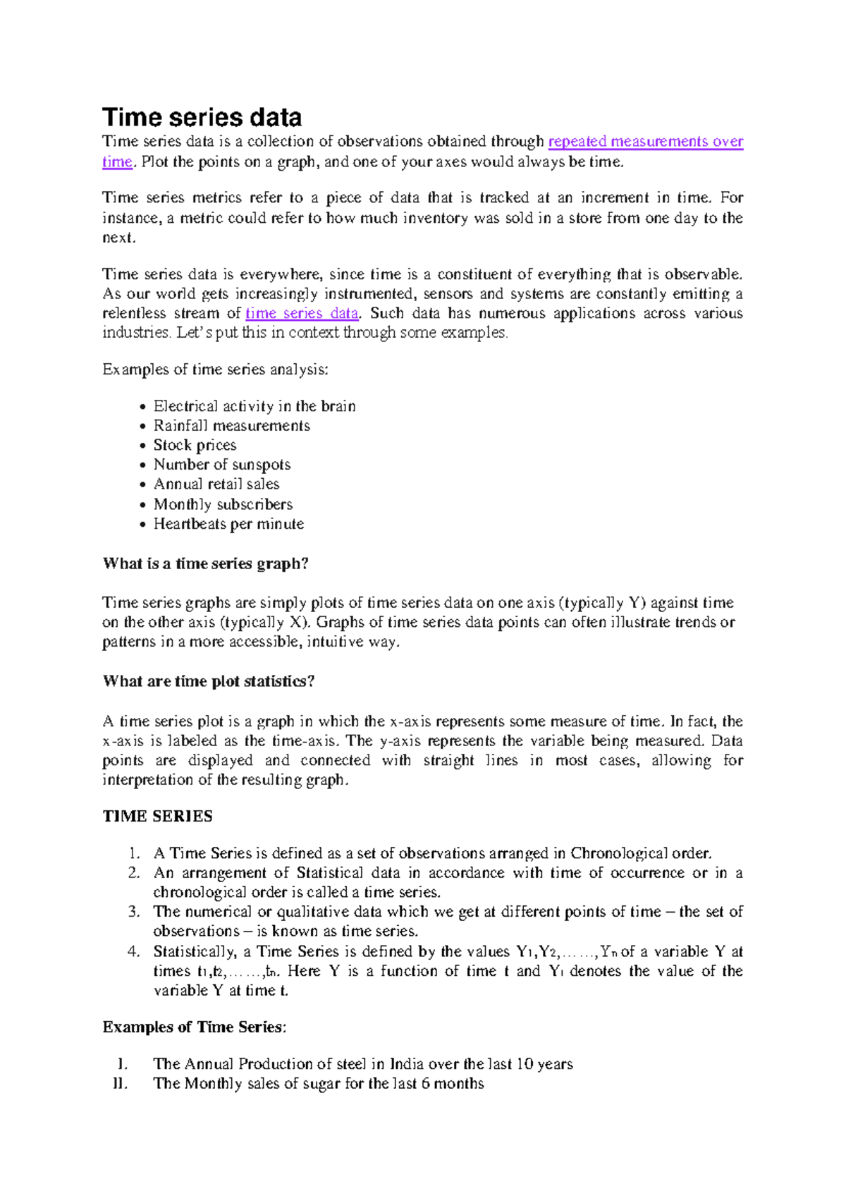 Time series docx - good lecture - Time series data Time series data is ...