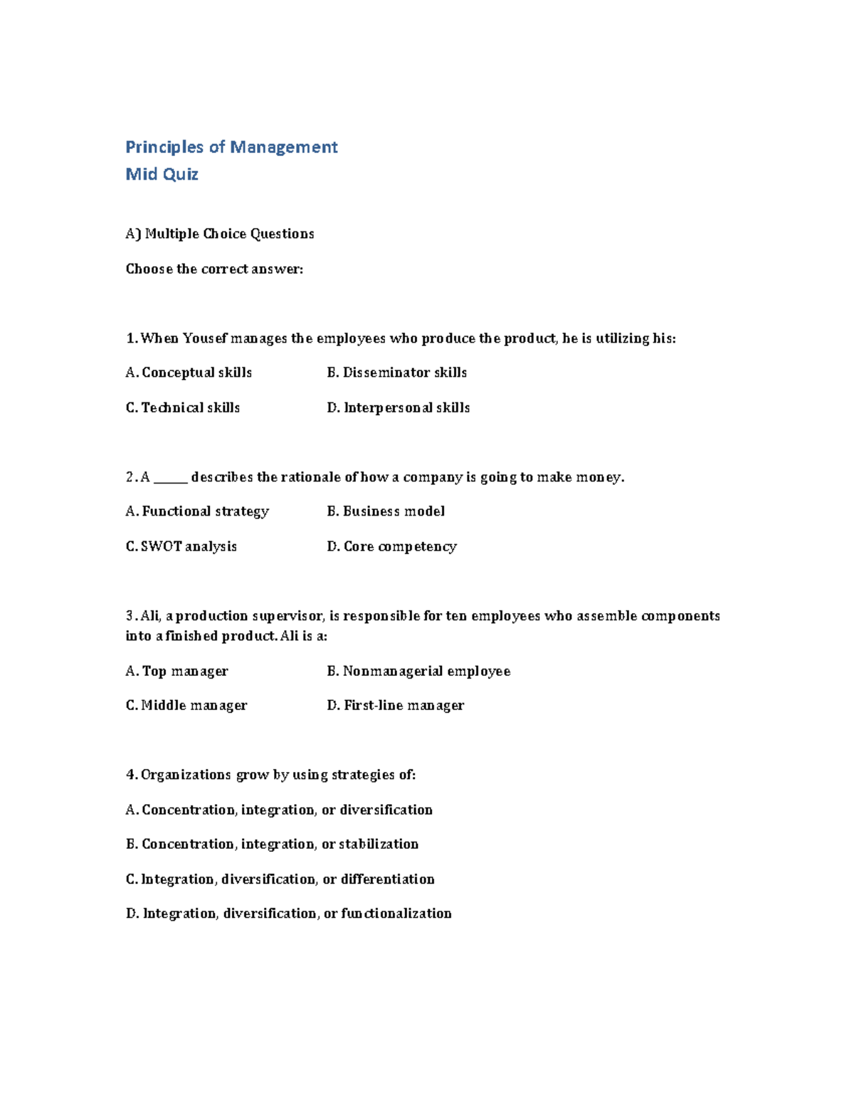 Management 101: Principles of Management Mid Quiz - Studocu