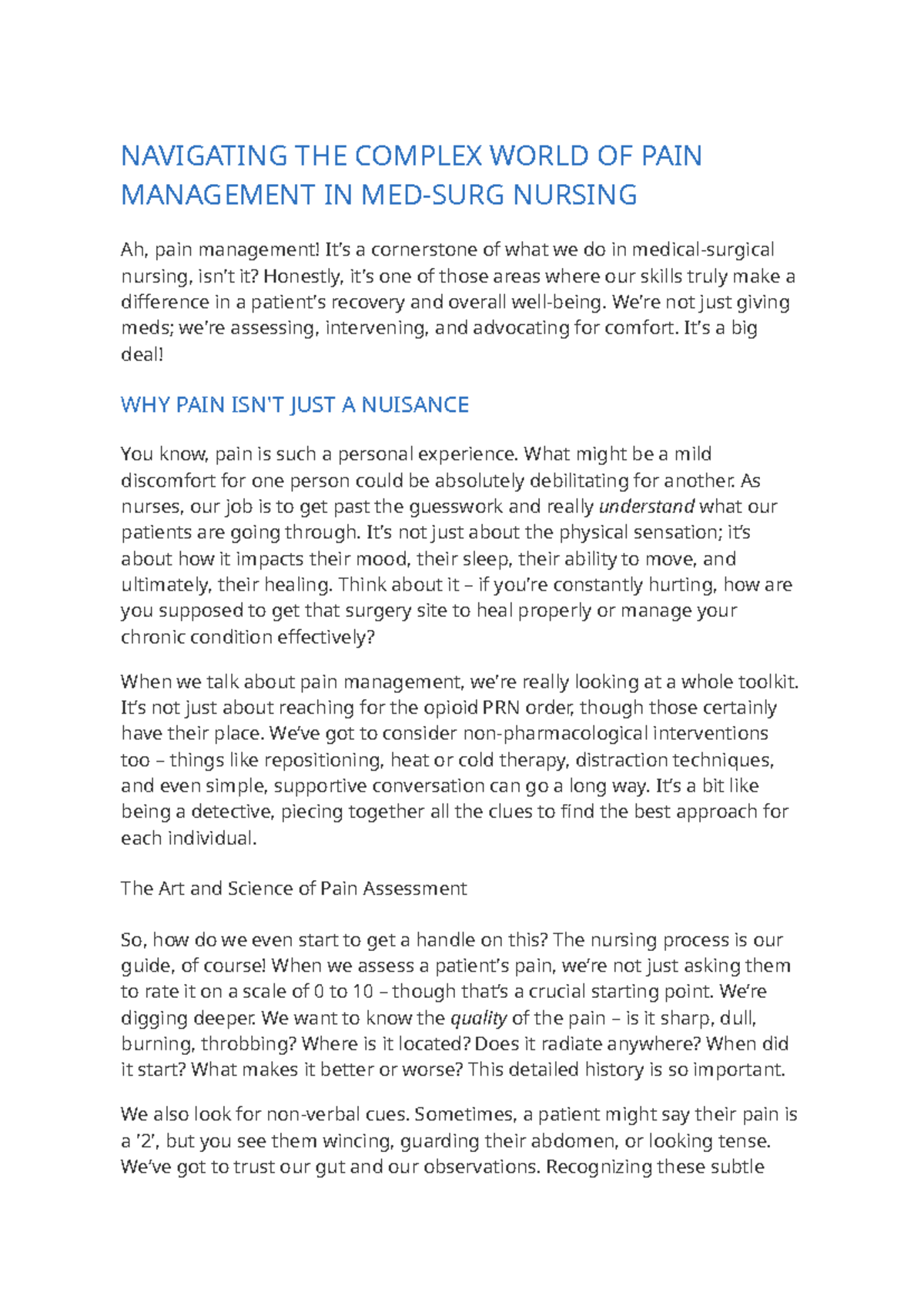 NURS 301: Med-Surg Pain Management Essentials Guide - Studocu